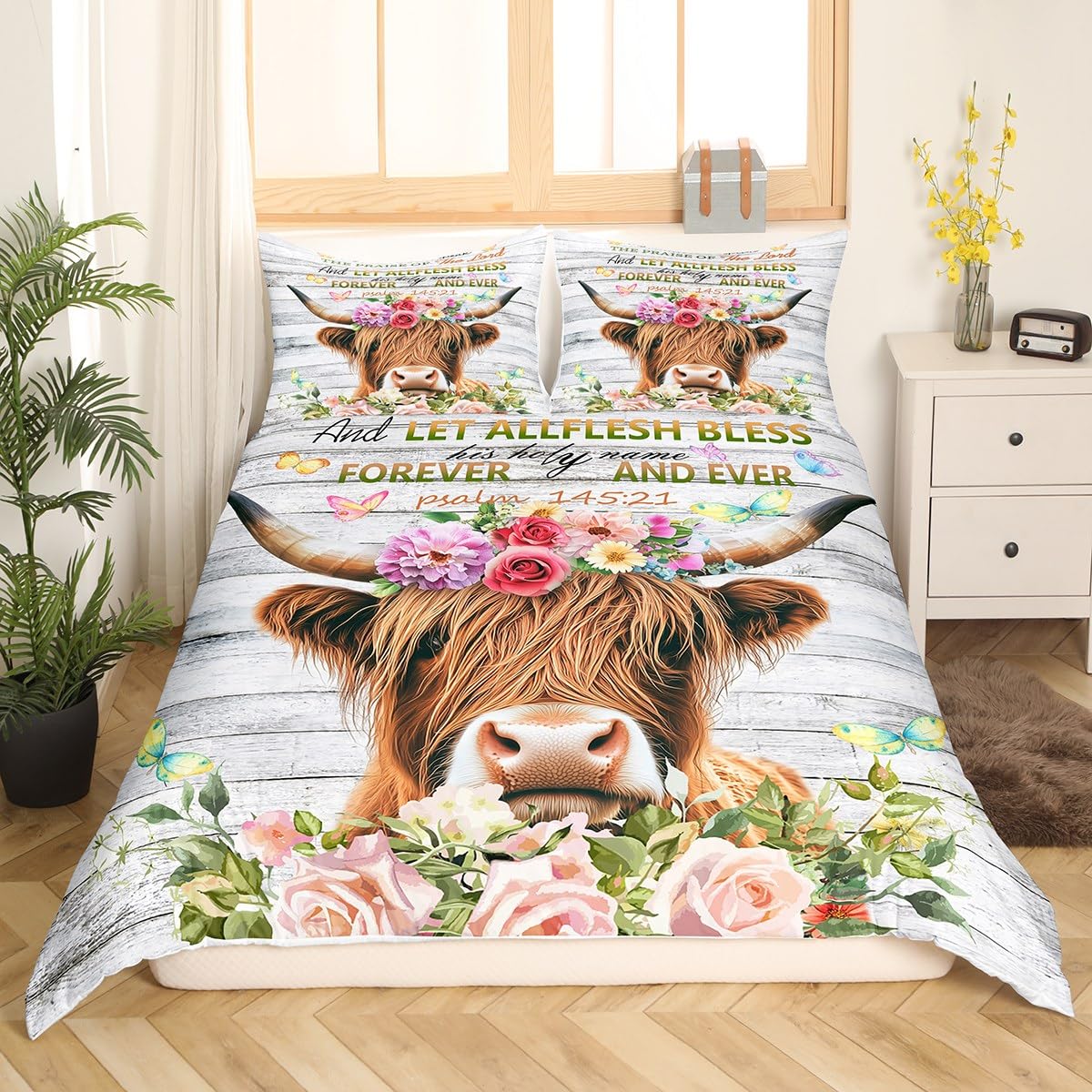 Feelyou Highland Cow Duvet Cover Set Rose Highland Cattle Bedding Set Kids Boys Girls Bull Cattle Comforter Cover Botanical Floral Quilt Cover 1 Duvet Cover with 2 Pillowcases King Size (No Comforter)