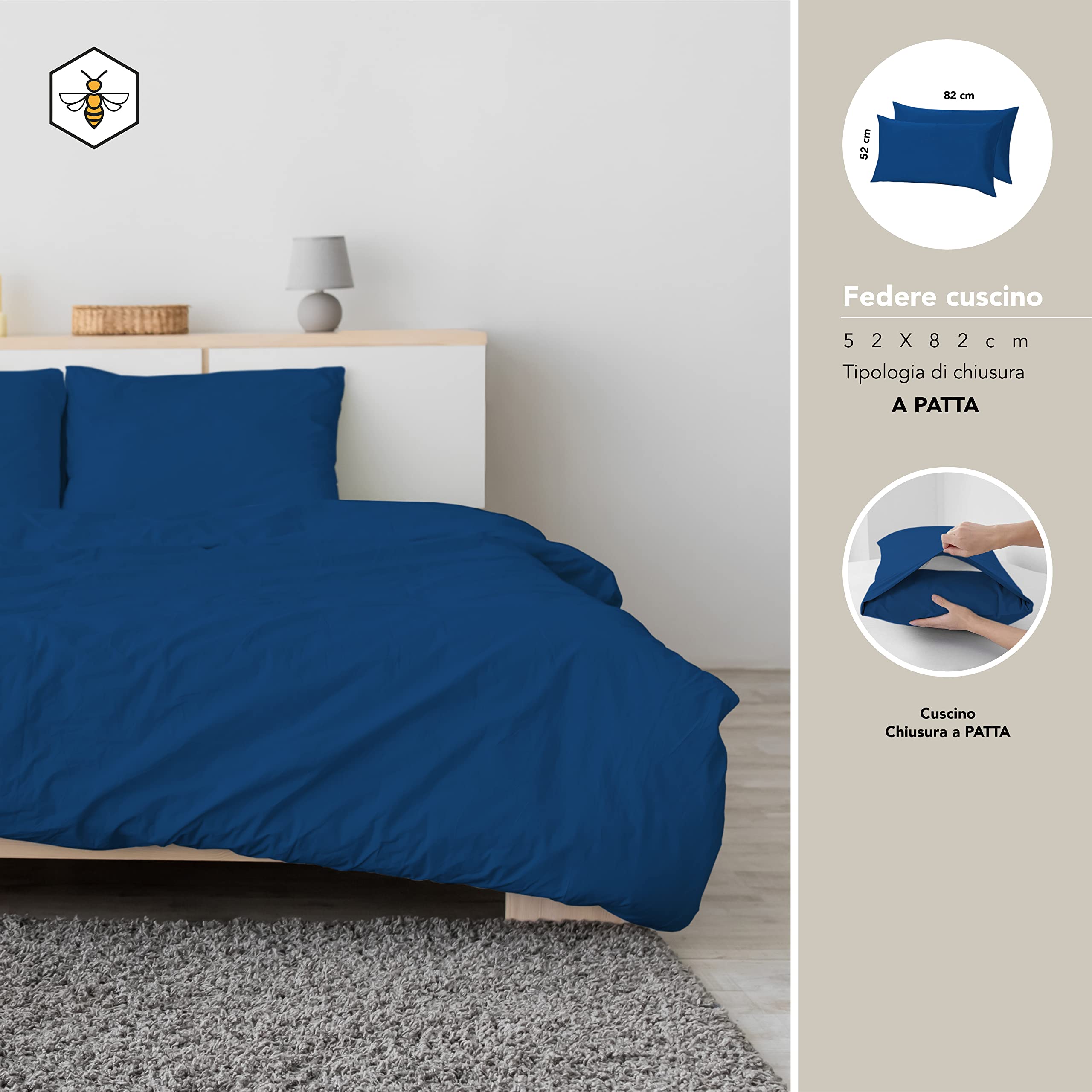 Set Copripiumino, sacco popripiumino realizzato in Italia in cotone 250X205(+15) CM in tinta unita BLU