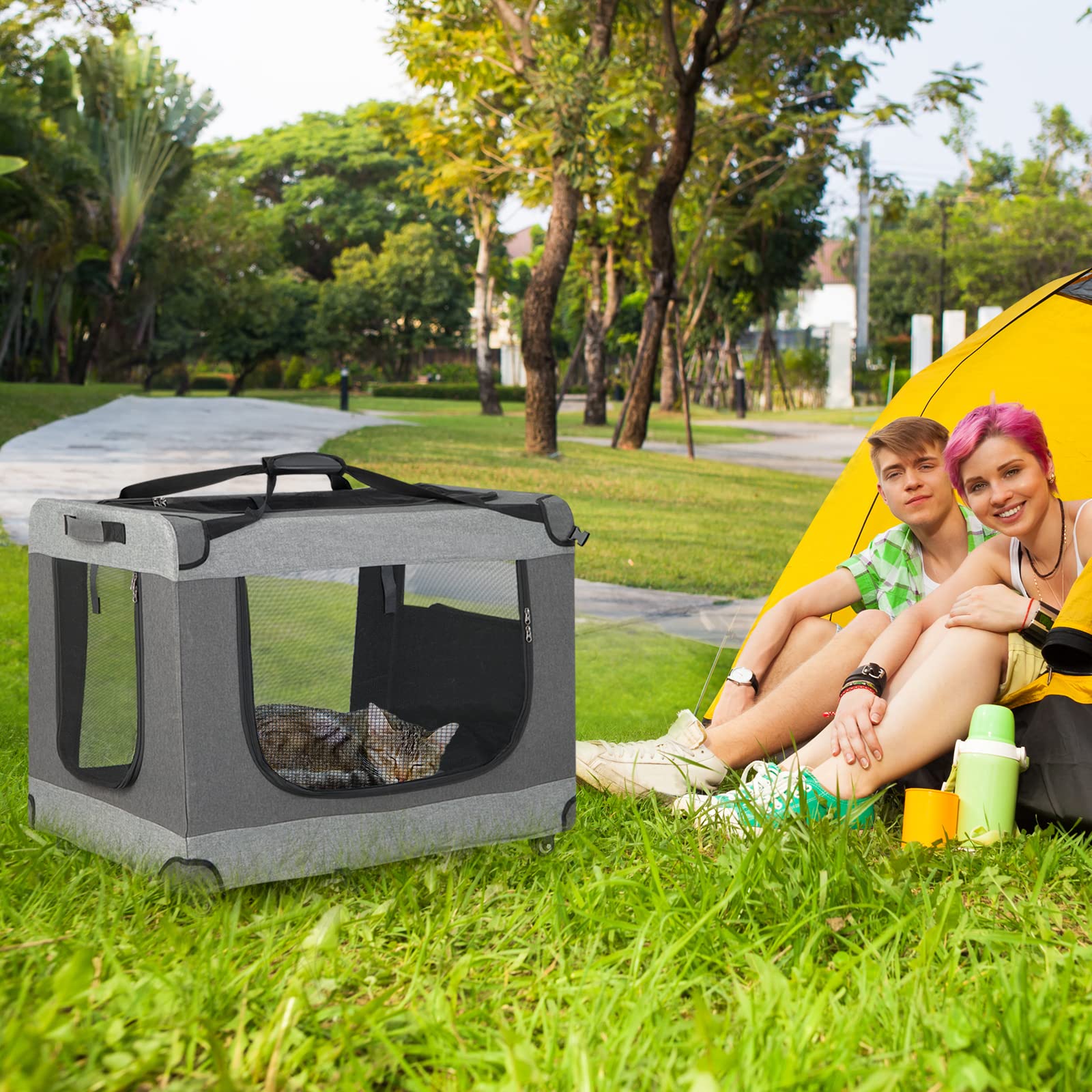 COSTWAY Transportín con Ruedas para Mascotas, Caseta Plegable con Correa para el Hombro, Cojín Extraíble, Bolsa de Almacenamiento, 3 Entradas, Transportador de Mascotas, Gris, 82 x 59 x 67 cm
