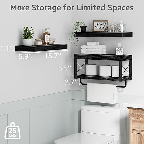 Miniatura 3 de QEEIG Estantes de baño sobre el inodoro, estante flotante para almacenamiento de papel higiénico de pared de 16 pulgadas, juego de 3, negro