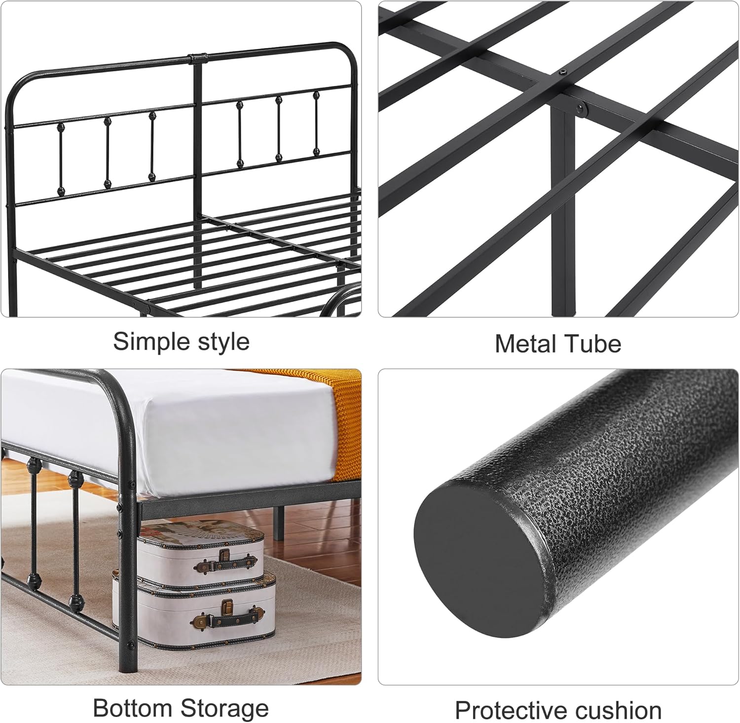 VECELO King Size Victorian Style Metal Bed Frame with Headboard Classic Metal Platform Bed Frame Mattress Foundation with Victorian Style Footboard/Under Bed Storage/No Box Spring Classic Black