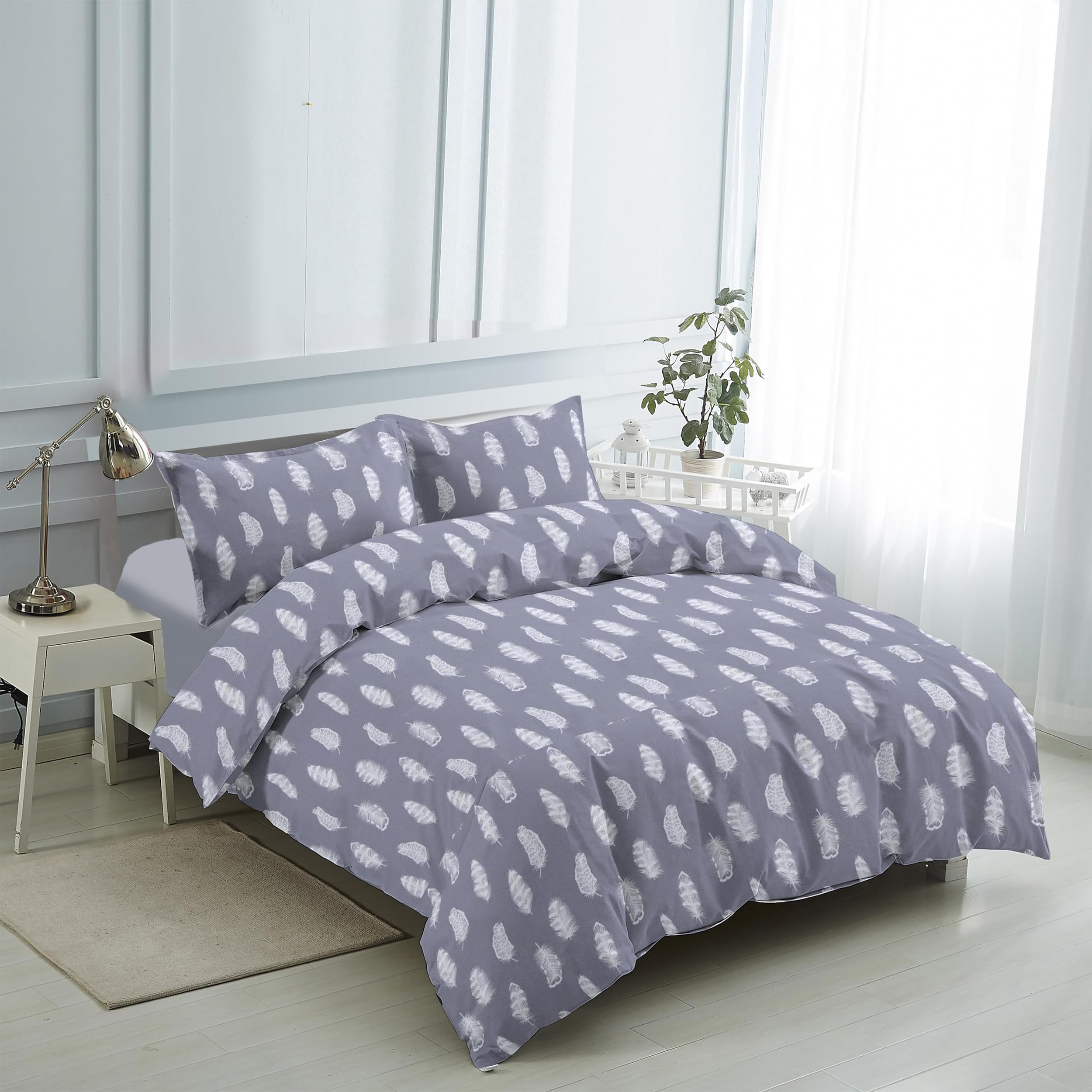 Juego de Funda Nórdica 4 Piezas Cama 150 Microfibra Suave Transpirable - 1 Funda Edredón 240x220 cm, 1 Bajera 150x200+28 cm y 2 Fundas de Almohada 50x90 cm (Pluma Gris)
