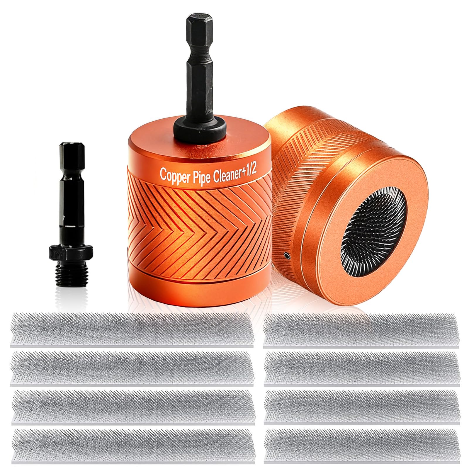 KutaKuta 1/2" & 3/4" Copper Pipe Cleaner Set with 8 Brush Blades, New Professional Plumbing Tools with 1/4" Hex Shank, 15+22mm Drill Tube Cleaning Brush for Removing Rust Stains Paint