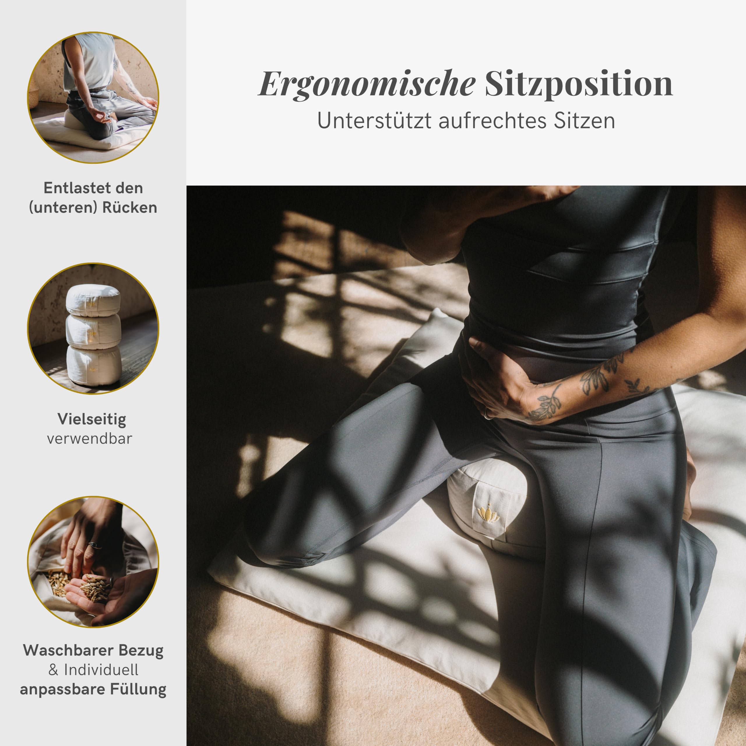 Lotuscrafts® Meditationskissen mit 10 cm Sitzhöhe, extra niedrig, Yoga Kissen mit Dinkelfüllung, Yogakissen Rund, Bodenkissen Rund, Yogakissen Meditationskissen, Bezug waschbar, GOTS Zertifiziert