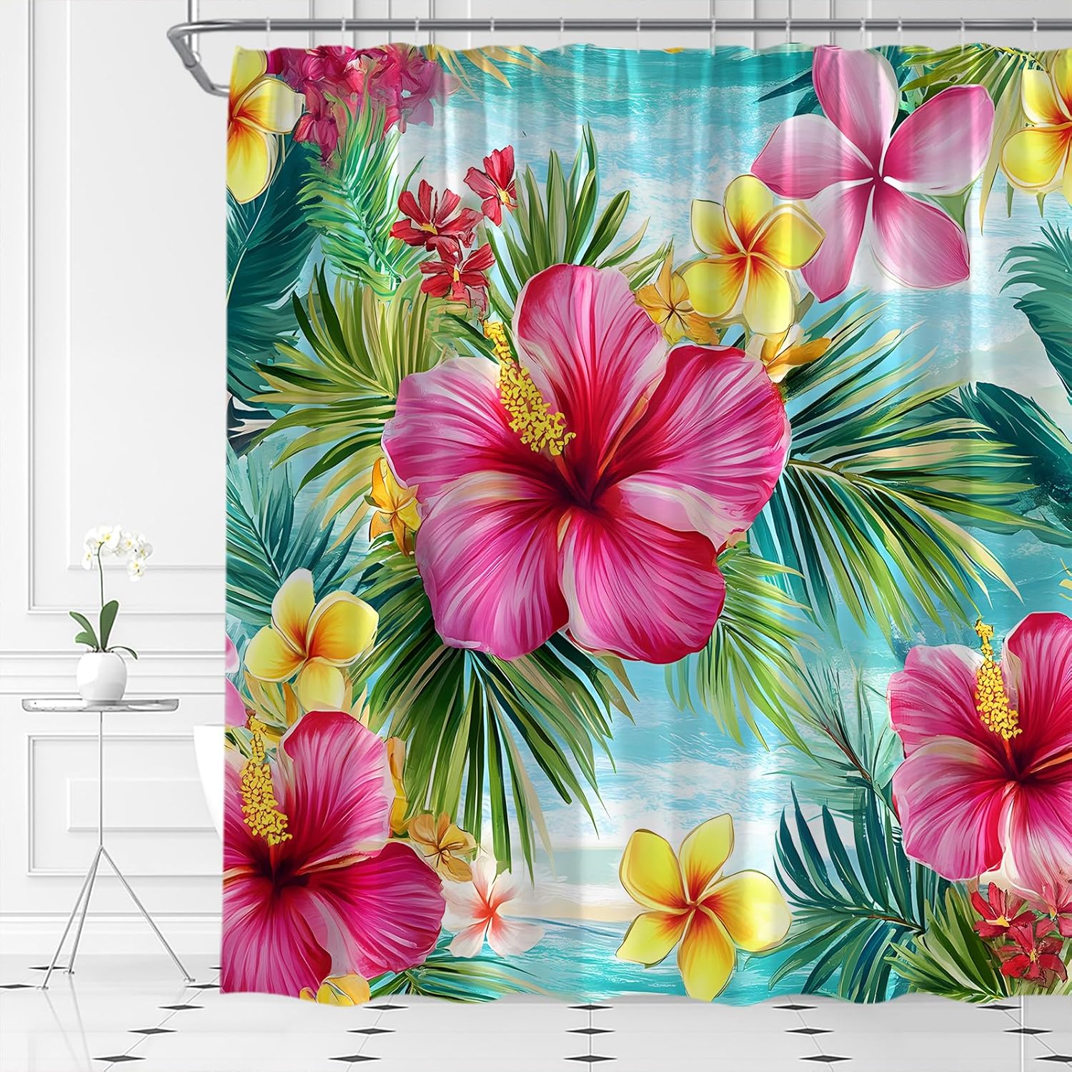 Tropical Flower Shower Curtain Blooming Pink Hibiscus Green Palm Leaf Rainforest Floral Leaves Plants Botanical Home Fabric Bathroom Decor Set Include Hooks,(70" Wx84 H)