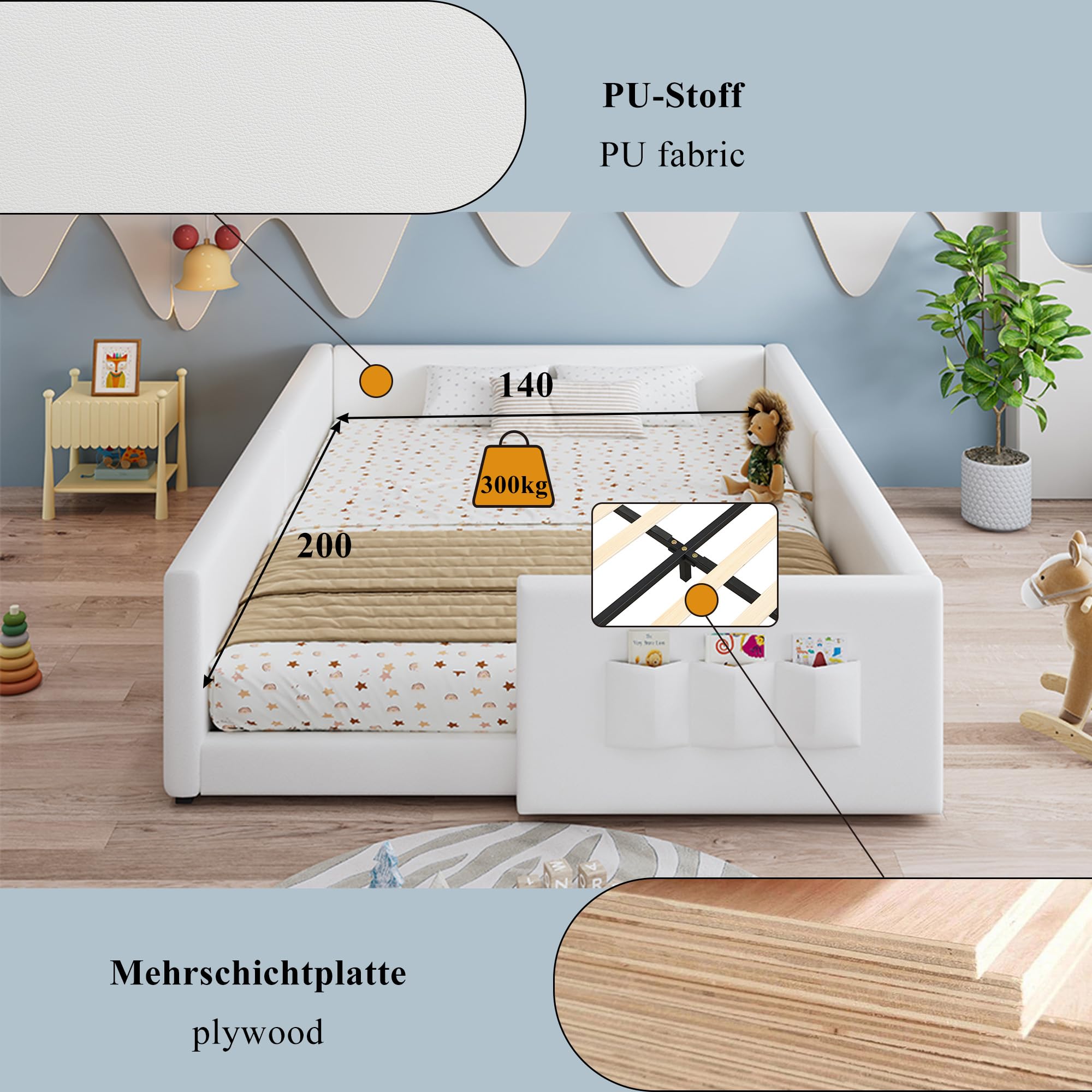 Montessori Letto a Terra per bambini 140 x 200cm, Letto imbottito PU con 3 pratiche tasche portaoggetti, Rete a doghe in Legno, letto Piazza e Mezza per Bambini(senza materasso)