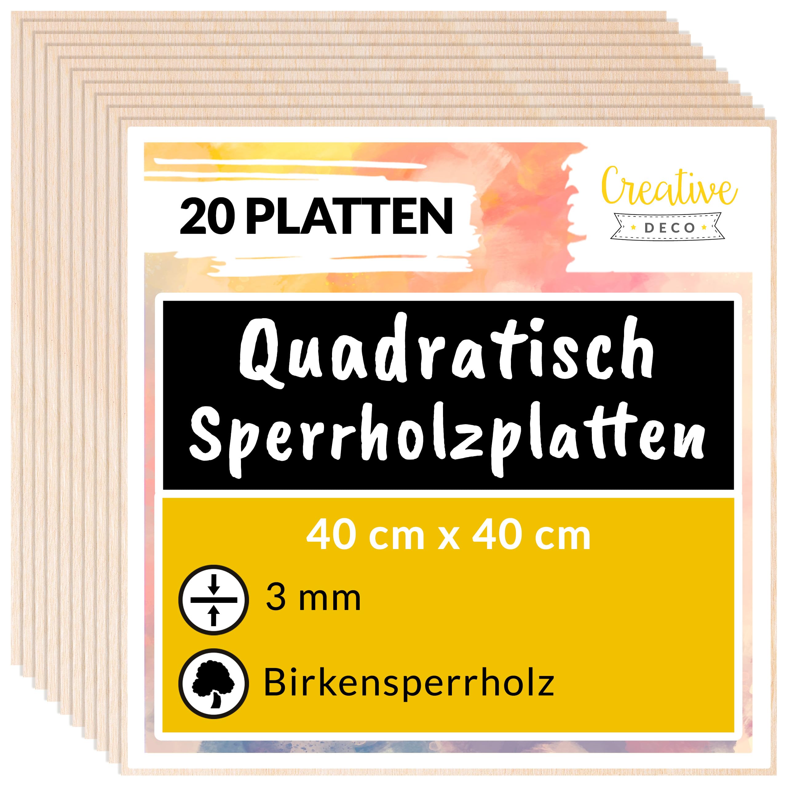 Creative Deco 20 Quadratische Sperrholzplatte 3mm | 400 x 400 (+/- 2) mm | Birkensperrholz Dünne Holz-Zuschnitte | Perfektes Blatt für Laubsäge Brandmalerei Laserschnitt CNC Router