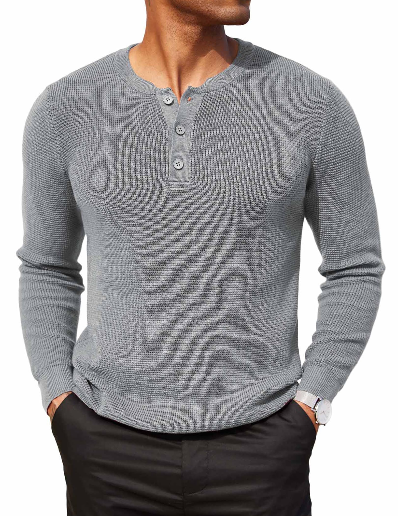 COOFANDY Henley-Shirt für Herren, Waffelmuster, Rundhalsausschnitt, leicht, langärmelig, lässig, Strickpullover