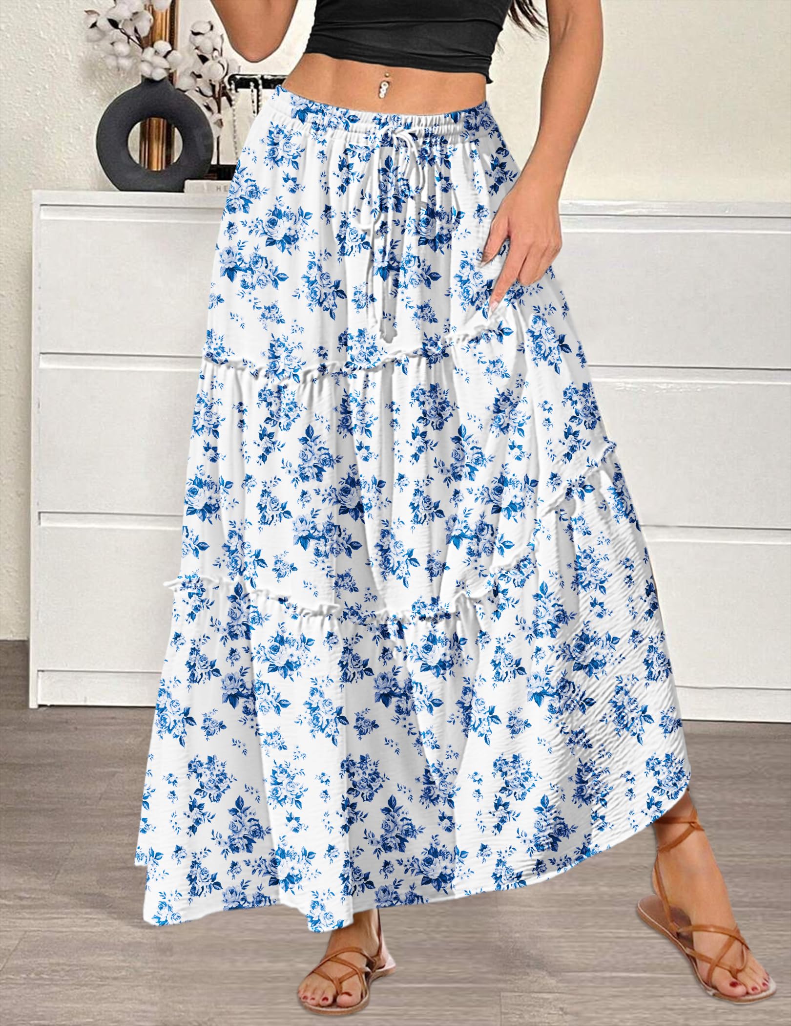 Zeagoo Maxi gonne casual da donna 2025 a vita alta Boho gonne con stampa floreale lunga gonna fluida con tasche