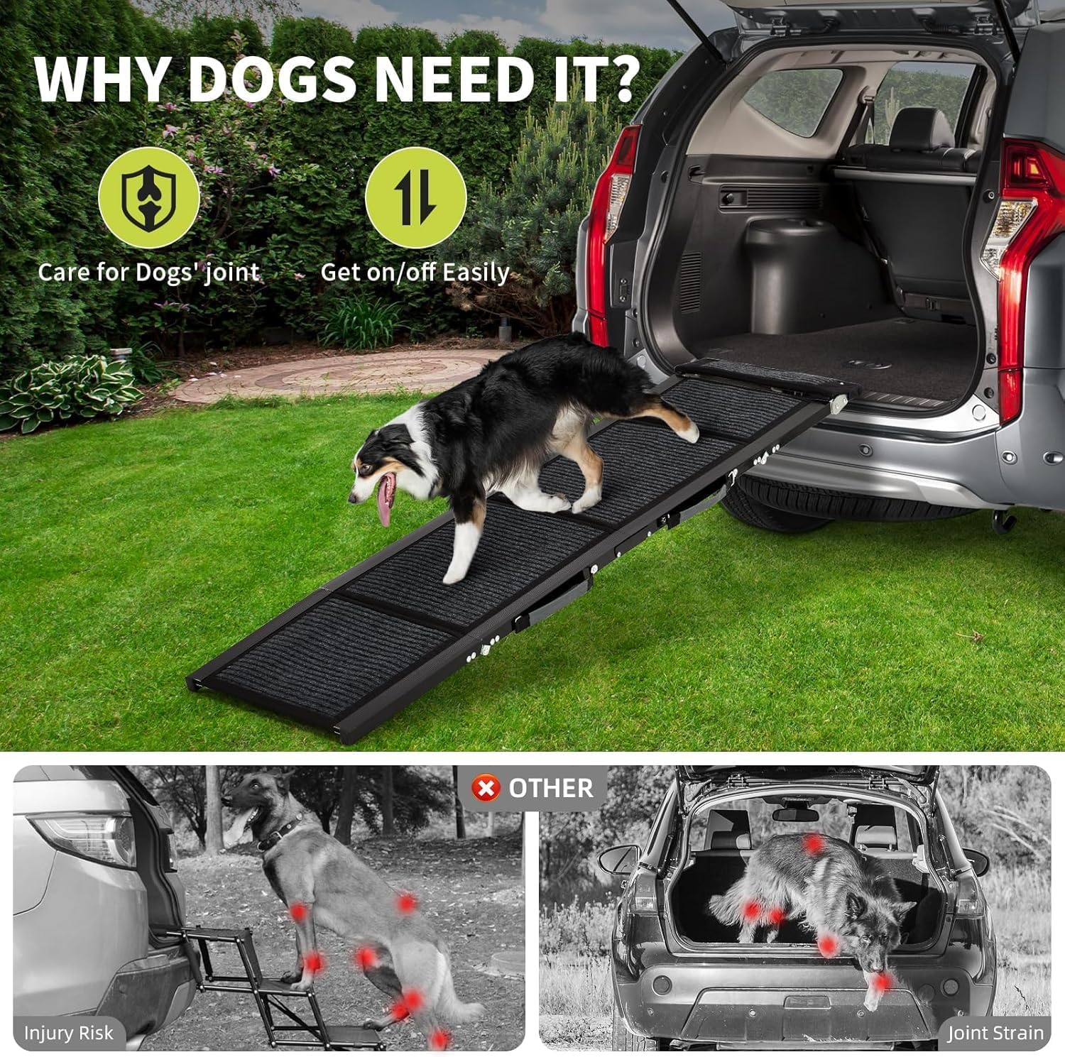 Garvee Rampa para Perros Plegable 180 x 43 cm, Aleación de Aluminio de 1,3 mm y Superficie Antideslizante de Tela No Tejida, Acceso para Coche SUV Camión Sofá y Cama, Portátil