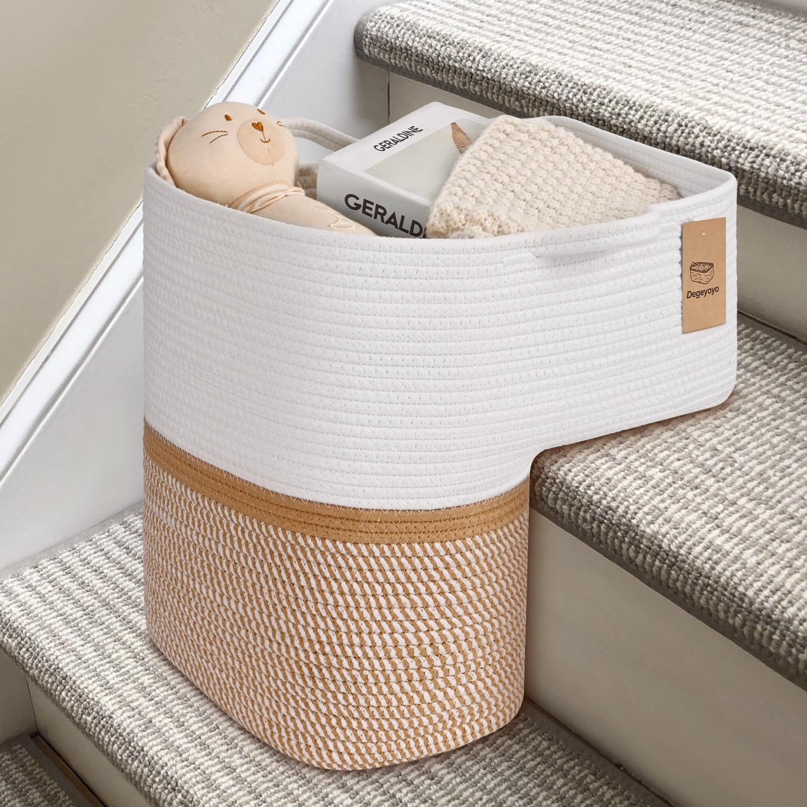 Woven Stair Basket, Stair Baskets for Wooden Stairs, Carpeted Stairs Storage Basket with Handles, Staircase Baskets for Toys, Books, Yellow, 15” L x 10” W x 15” H