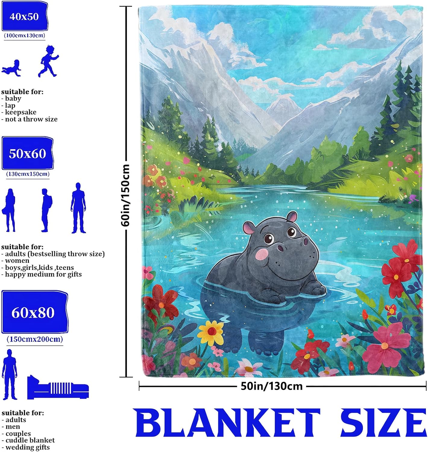 Cute Hippo Throw Blanket – Colorful River Valley and Flower Design, Cozy Warm Flannel Blankets, All Season Use, Women Boys Girls Gifts, 50x60in, Sofa Office Dorm Travel RV Farmhouse Decoration