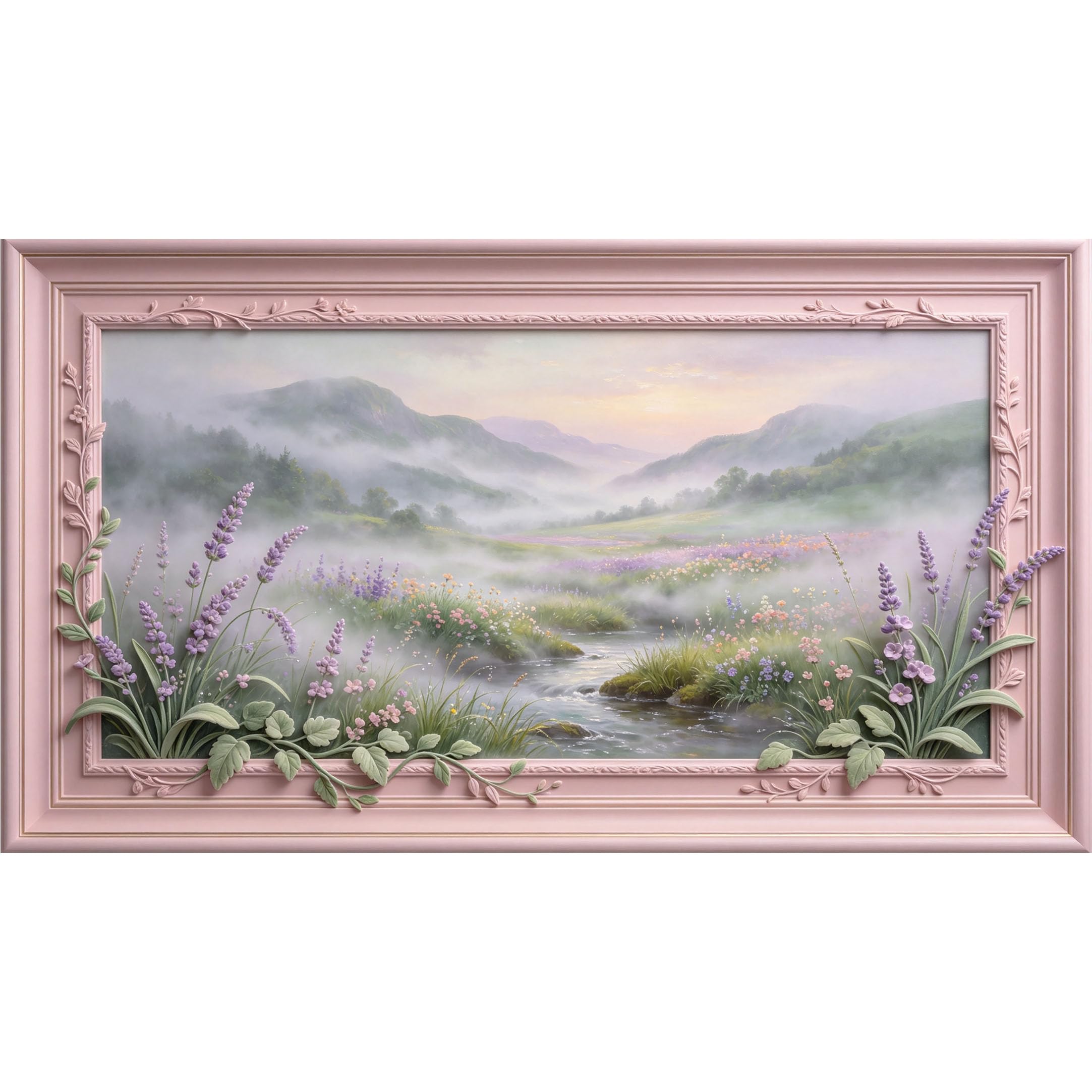 QZLITHOTIC 50×90cm3D Framed Wall Art， Misty Mountain River Floral Landscape Self?Adhesive Mural， Water?Activated Peel & Stick Fabric Decor Wall Decal for Bedroom Living Room