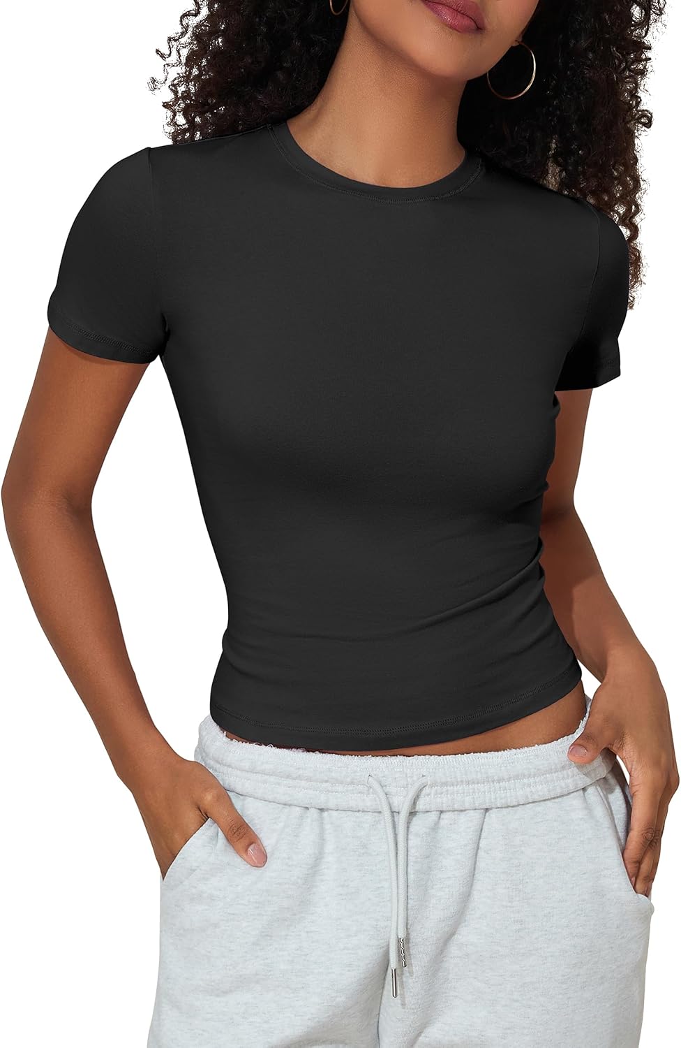 Hilor Women's Casual Basic Cotton T-Shirts Short Sleeve Y2K Going Out Crop Tops Baby Tees Tight Fitted Crew Neck T Shirts - Image 4