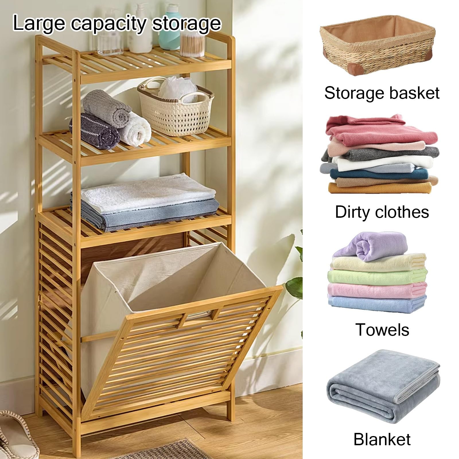 Cesto portabiancheria in bambù, organizer inclinabile per vestiti sporchi, design con ripiani aperti per bagno, camera da letto, soggiorno, lavanderia