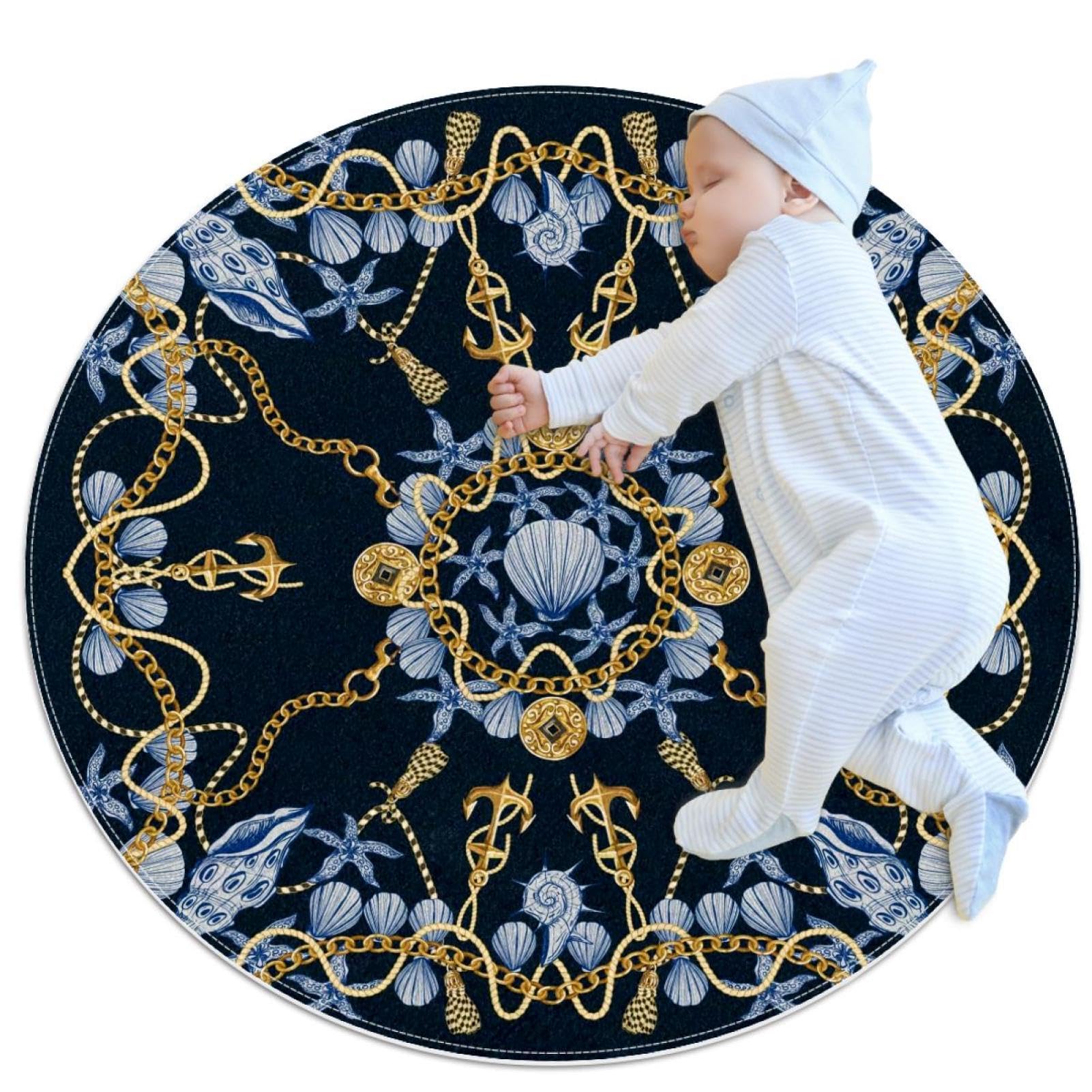 Tapis de salle de bain antidérapant rond 1m contre les glissades motif ancres et coquillages