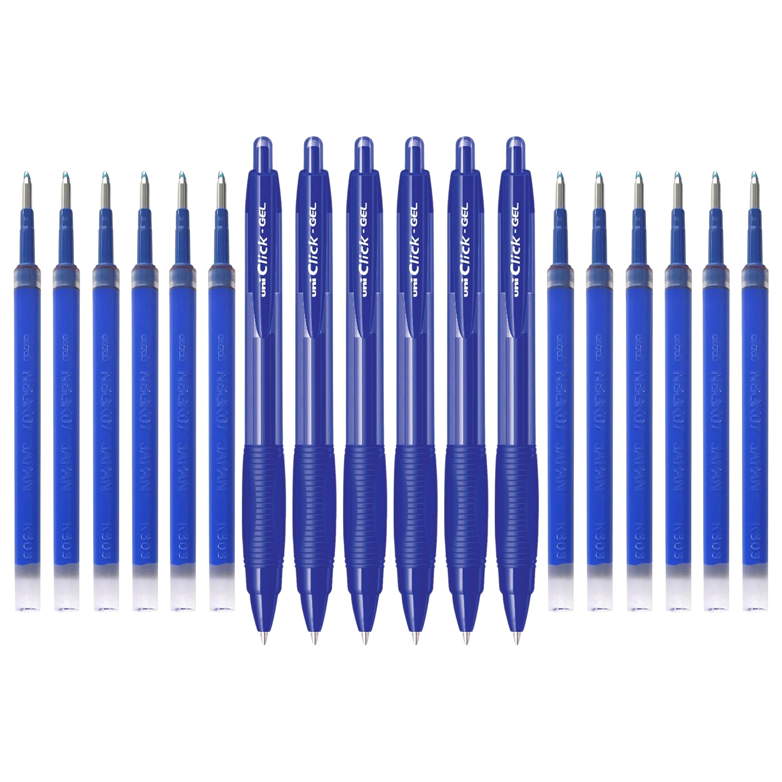 uni-ball Click Gel XSGR7 0.7mm Retractable Gel Pen & NBGK 0.7mm Refill Combo | 6 Pen & 12 Refill, Blue Ink