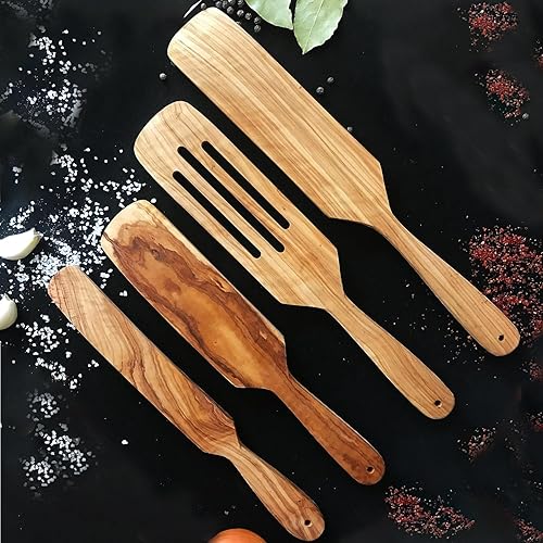 Miniatura 6 de Juego de espátulas de madera, cucharas de madera para cocinar, juego duradero de 4 piezas de madera de olivo, utensilios de cocina naturales