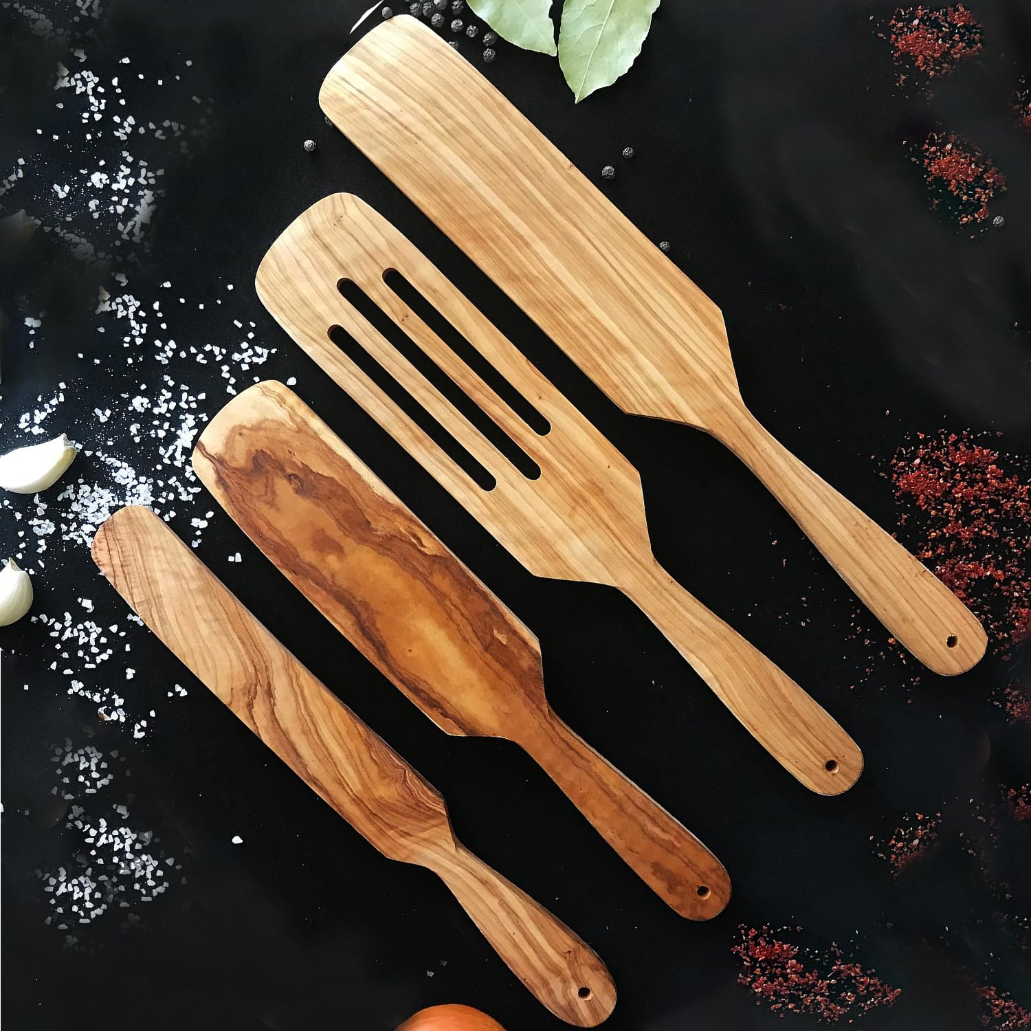 Juego De 4 Espátulas De Madera De Olivo - Utensilios De Cocina, No Rayan, Tamaños 22 Cm Y 32 Cm, Fácil Limpieza