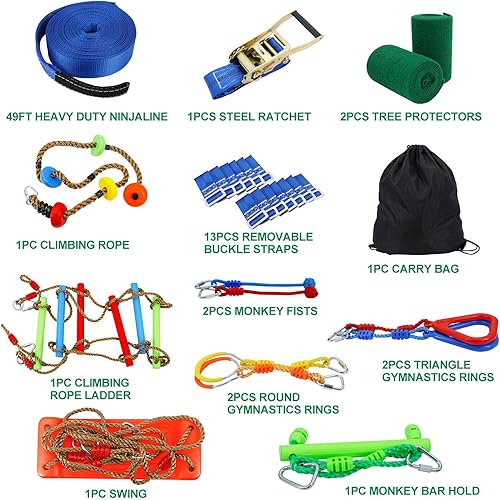 Miniatura 2 de Ninja Warrior Kit de carrera de obstáculos para niños Ninja Slackline con 10 accesorios, barras de mono, escalera, cuerda de escalada, anillos de