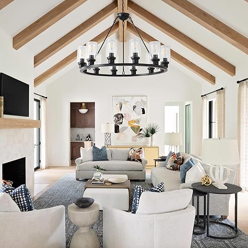 Miniatura 9 de Candelabro negro de 24 pulgadas, 6 luces colgantes de cristal estilo casa de campo, isla de cocina, accesorios de iluminación colgantes redondos