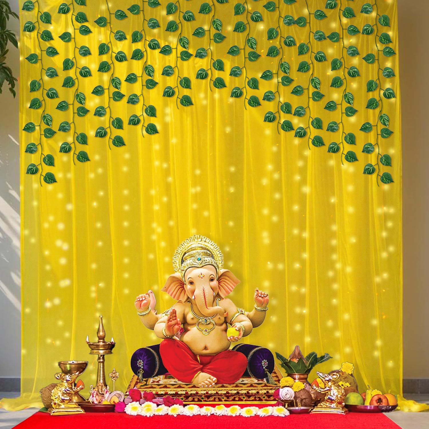 Party Propz Navratri Decoration Items, Diwali Decoration for Home Decor, Yellow Backdrop for Decorations, Backdrop Cloth for Decorations Pooja, Haldi Decor (8Pc)(Light 9m, Leaves, Satin Mix) - Image 7 thumbnail
