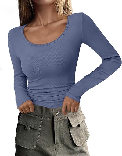 MISFAY Women's Long Sleeve Shirts Ribbed Knit Slim Fitted Casual Basic Tee