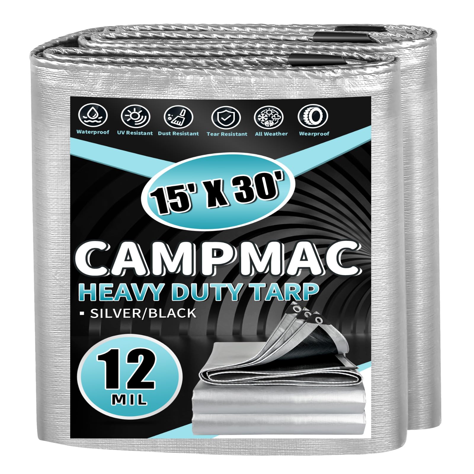 CAMPMAC Heavy Duty Tarp 15' x 30', 12 Mil Thick Waterproof Poly Tarps, High Durability, Rip and Tear Resistant with Metal Grommets Every 20 Inches (Silver/Black)