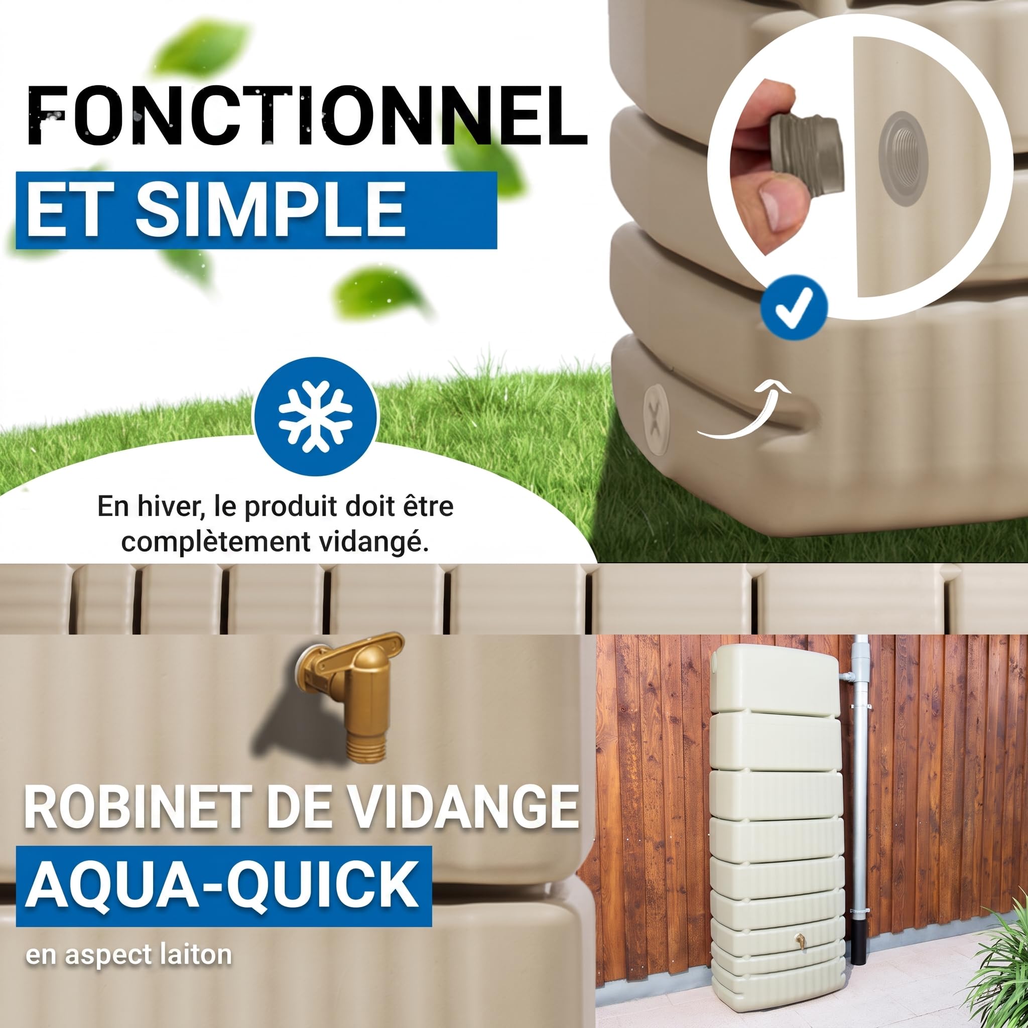 4rain Slim Récupérateur d’Eau de Pluie 650L Sable – Cuve Murale Robuste et élégante – Réservoir d’Eau de Pluie + Robinet PE Imitation Laiton – Solution Pratique et Durable de récupération