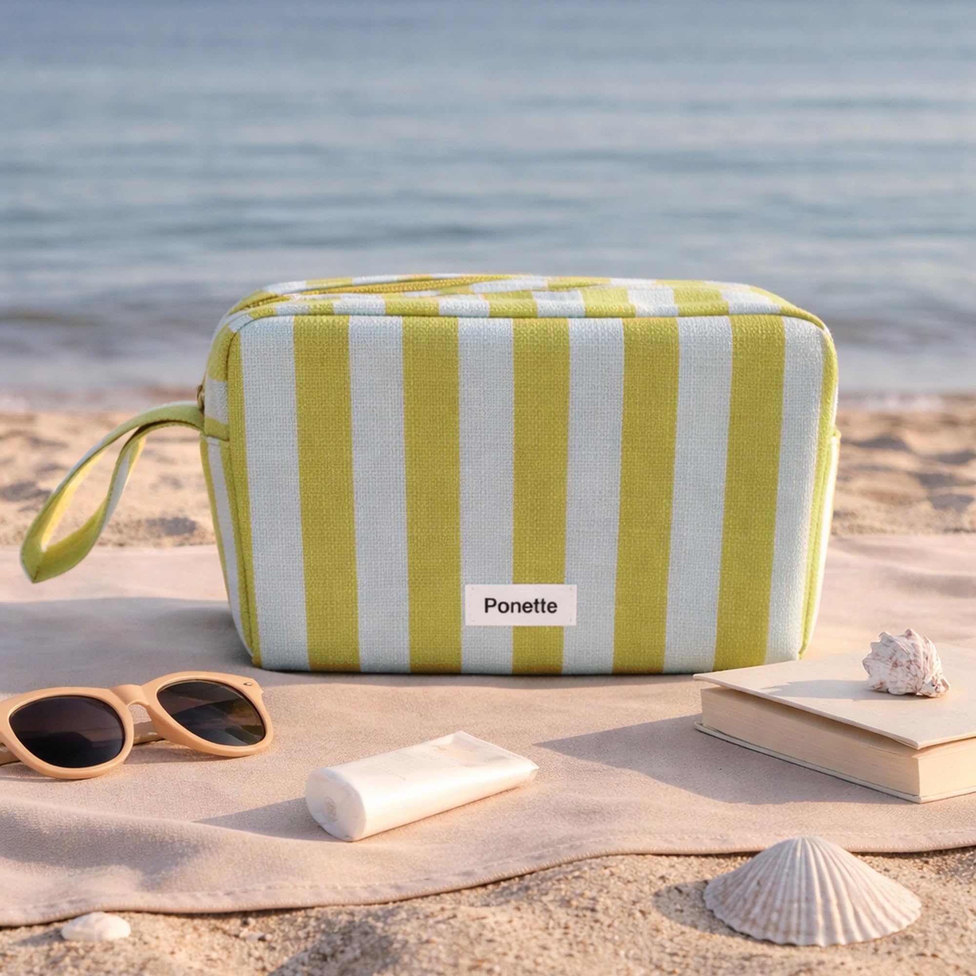 PONETTE - Neceser Menorca – con Cremallera Resistente y asa – Gran Capacidad, Plegable y Ligero – Diseño Actual a Rayas – Bolsa de Aseo Playa, Piscina, Viaje, Gimnasio y Uso Diario – Marca Española