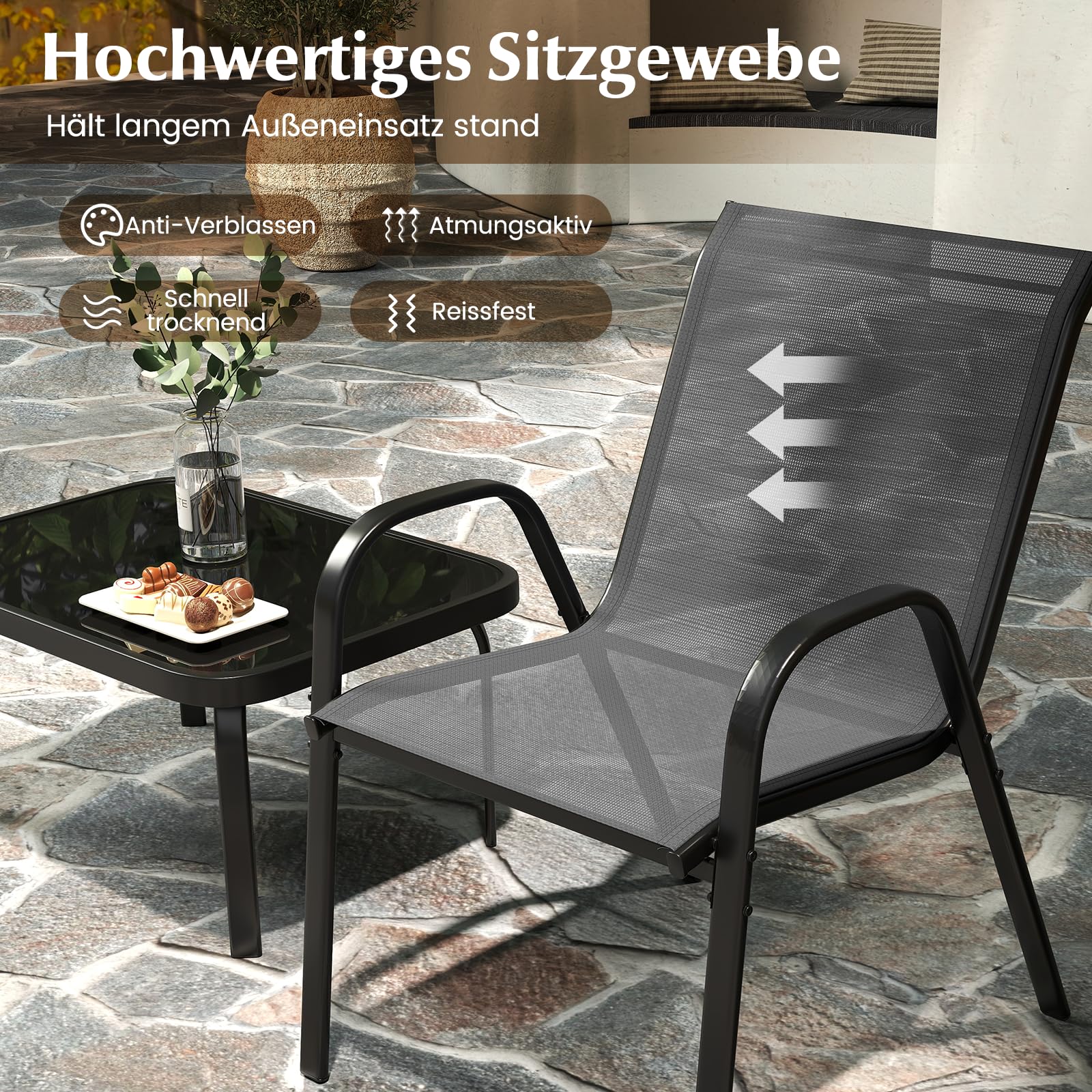 COSTWAY 4-teilige Gartenmöbel Set, Balkonmöbel, Terrassenmöbel, Sitzgruppe, Sitzgarnitur für 4 Personen, Gartengarnitur inkl. 2 Stühlen, Bank & Tisch, für Balkon, Terrasse, Garten (Grau)