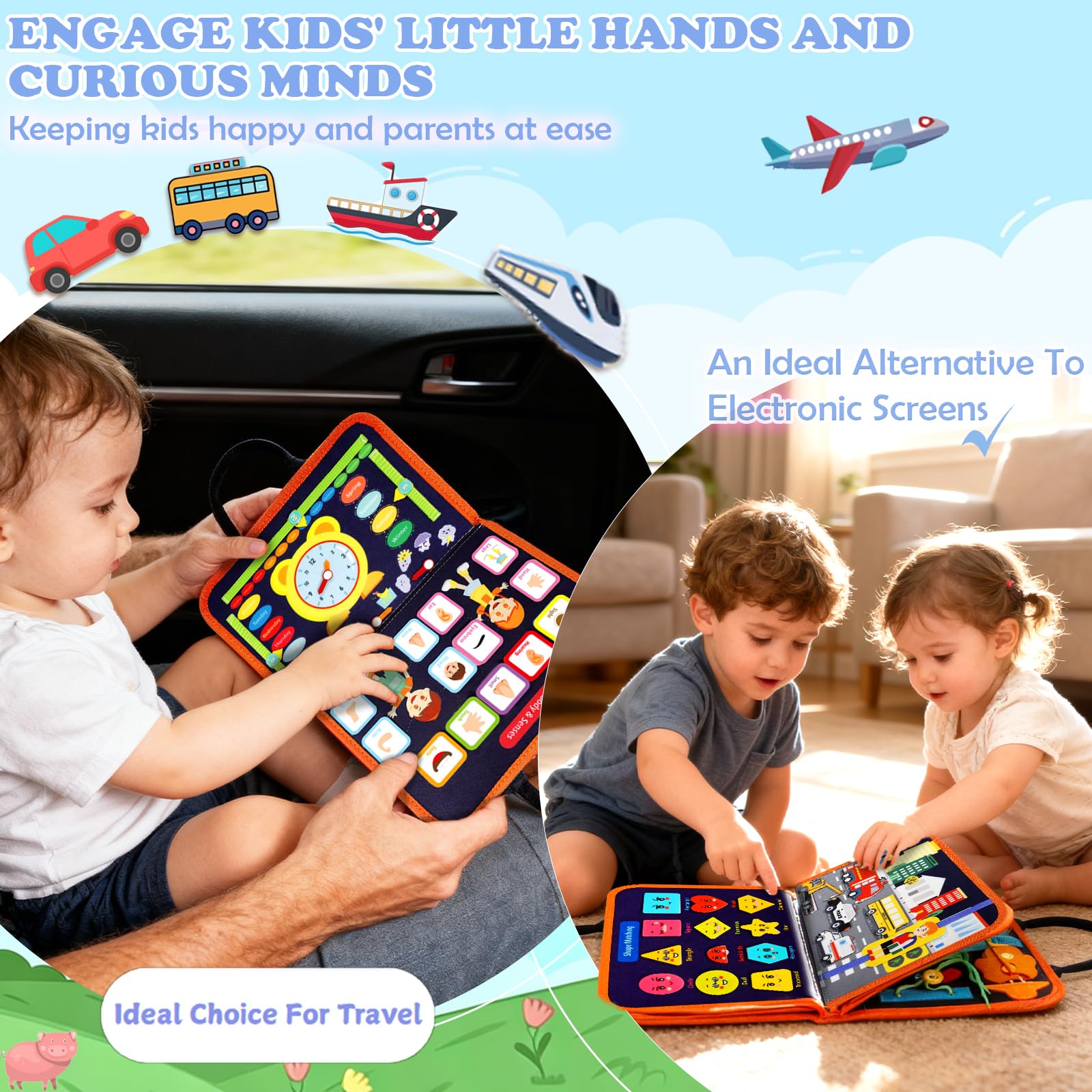Busy Board, Libro Montessori Interattivo, Pannello Sensoriale Educativo,Feltro Quiet Book, Regalo per Bambino Bambina di 1 2 3 4 Anni