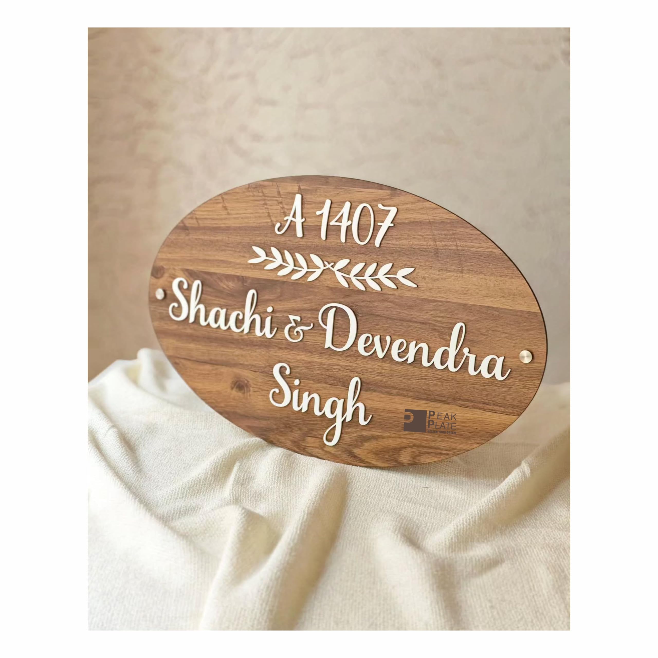 PEAK PLATE Custom Wooden Name Plate for Home (16 x 12 Inch) | Oval Designer Nameplate with 3D Golden Letters | Personalized House Name Board for Door, Flat, Office & Apartment Entrance 3