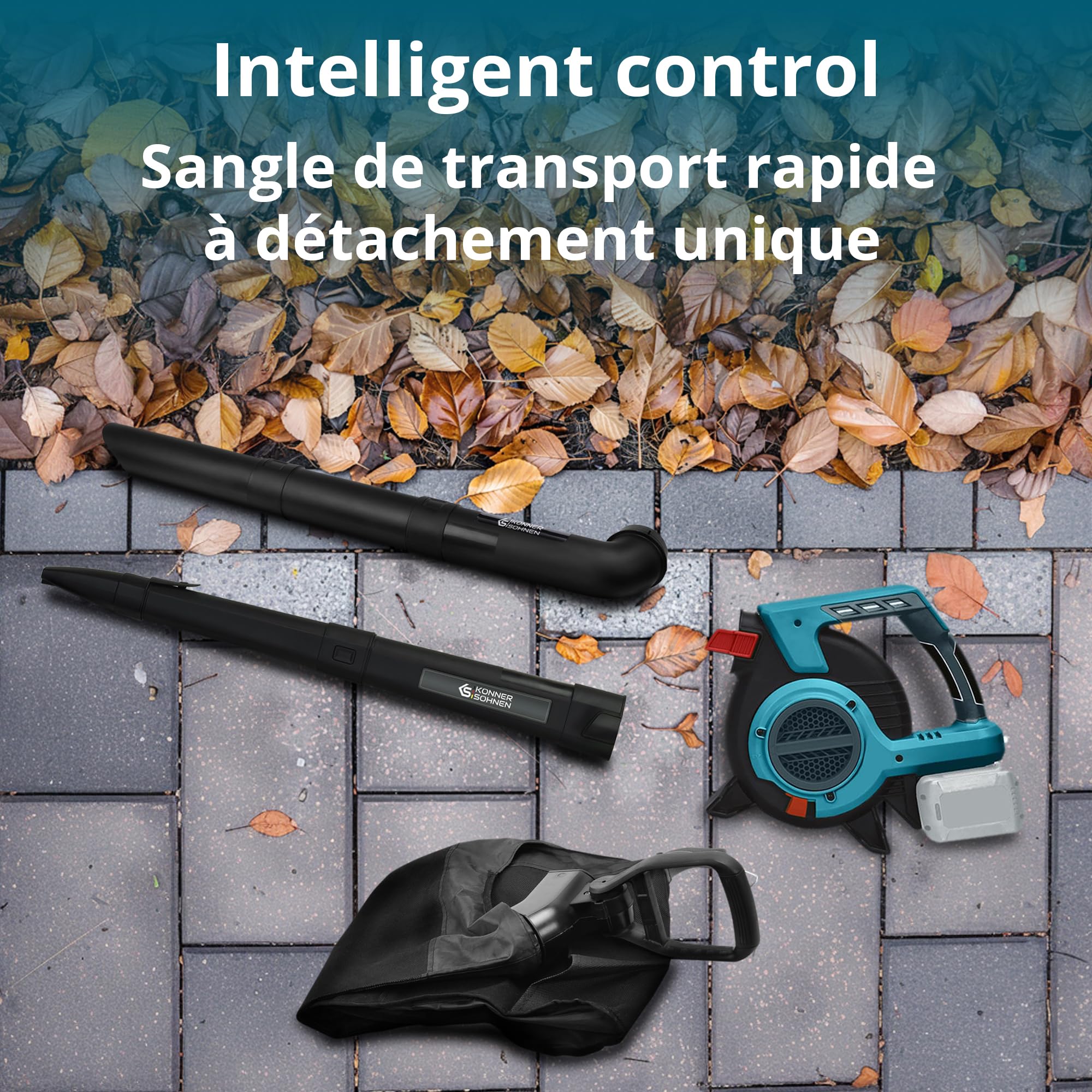 Könner & Söhnen KS LBV-40V, Aspirateur de Jardin sans Fil avec Fonction broyeur de Feuilles Tension nominale 40 (20+20) V, régime à Vide 1630 TR/Min, capacité du bac à poussière 45 l, 4 Vitesses