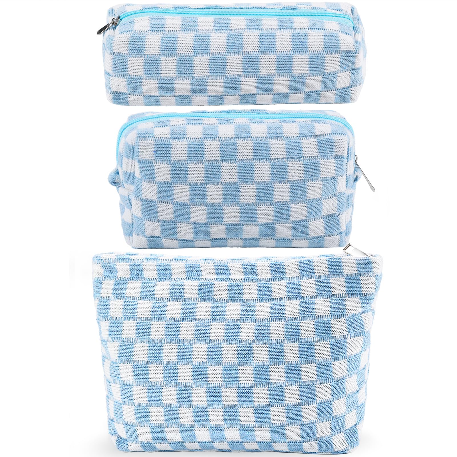 ZLFSRQ 3Pcs Checkered Makeup Bag for Women Large Small Checkered Cosmetic Bag Set Aesthetic Preppy Pencil Case Cute Pencil Pouch Blue Makeup Pouch for