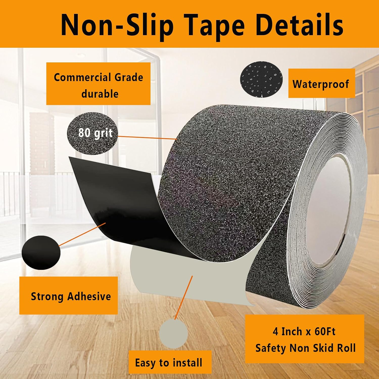 Grey Grip Tape Heavy Duty Non Skid Tape 4Inch x 60Ft Waterproof High Traction Step Tape for Stairs Steps Stairway Tread Staircases Ramps, Skateboards, Outdoor/Indoor
