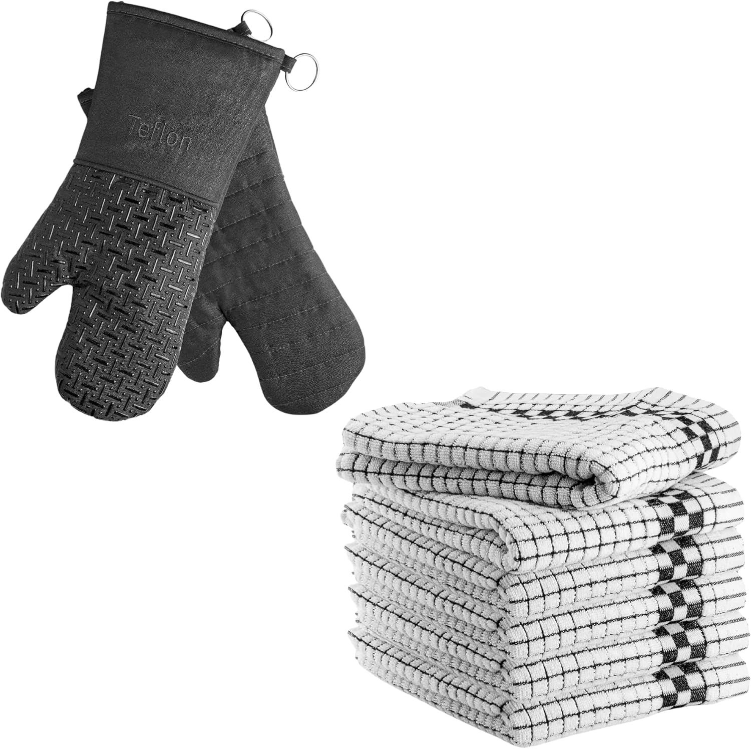 XLNT Extra Long Oven Mitts with Highly Absorbent Kitchen Dish Towels - Black 6 Pack | Teflon EcoElite Water Repellent | Heat Resistant for Oven Cooking, Grill & BBQ | Non Slip Gloves