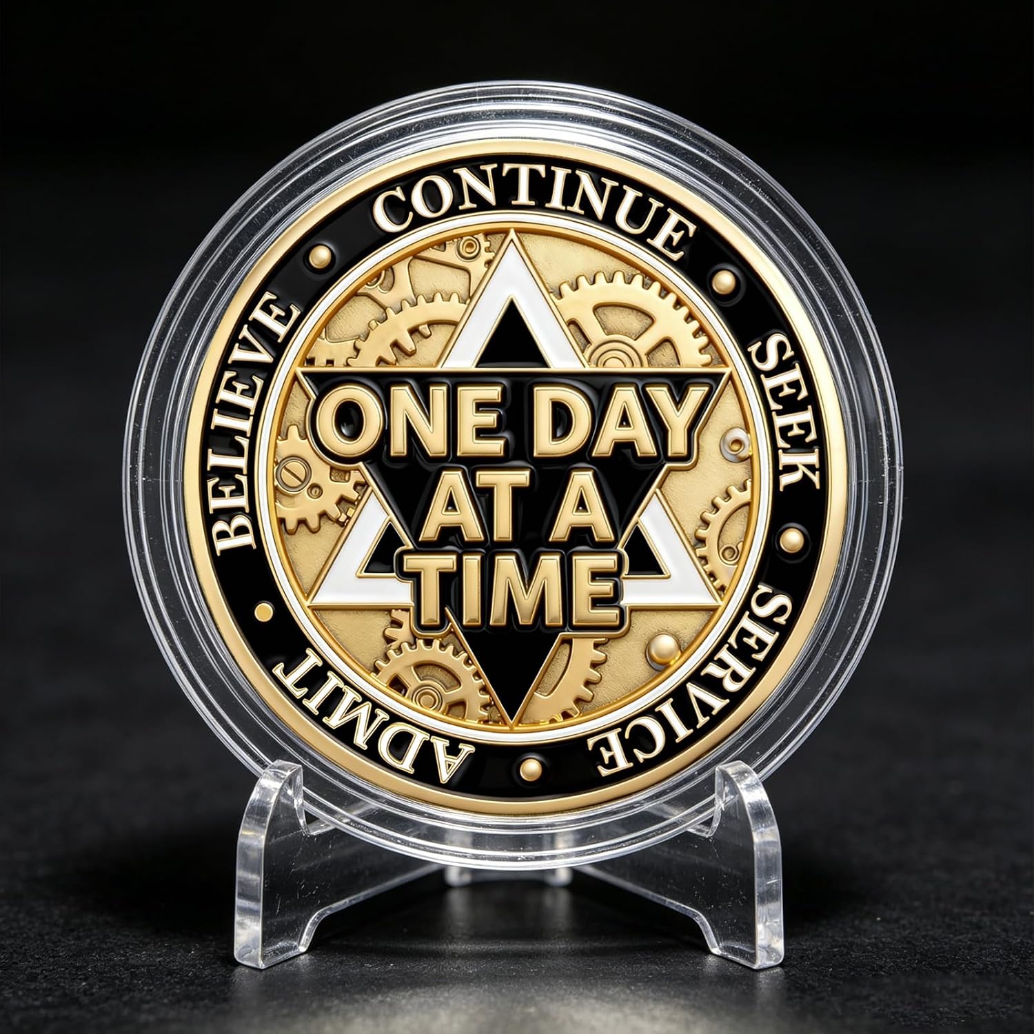 12 Steps AA Sobriety Coin, One Day at a Time AA Recovery Challenge Coin with Steampunk Gear Design, AA Recovery Chip Medallion Sober Gifts for Men & Women, Antique Finish