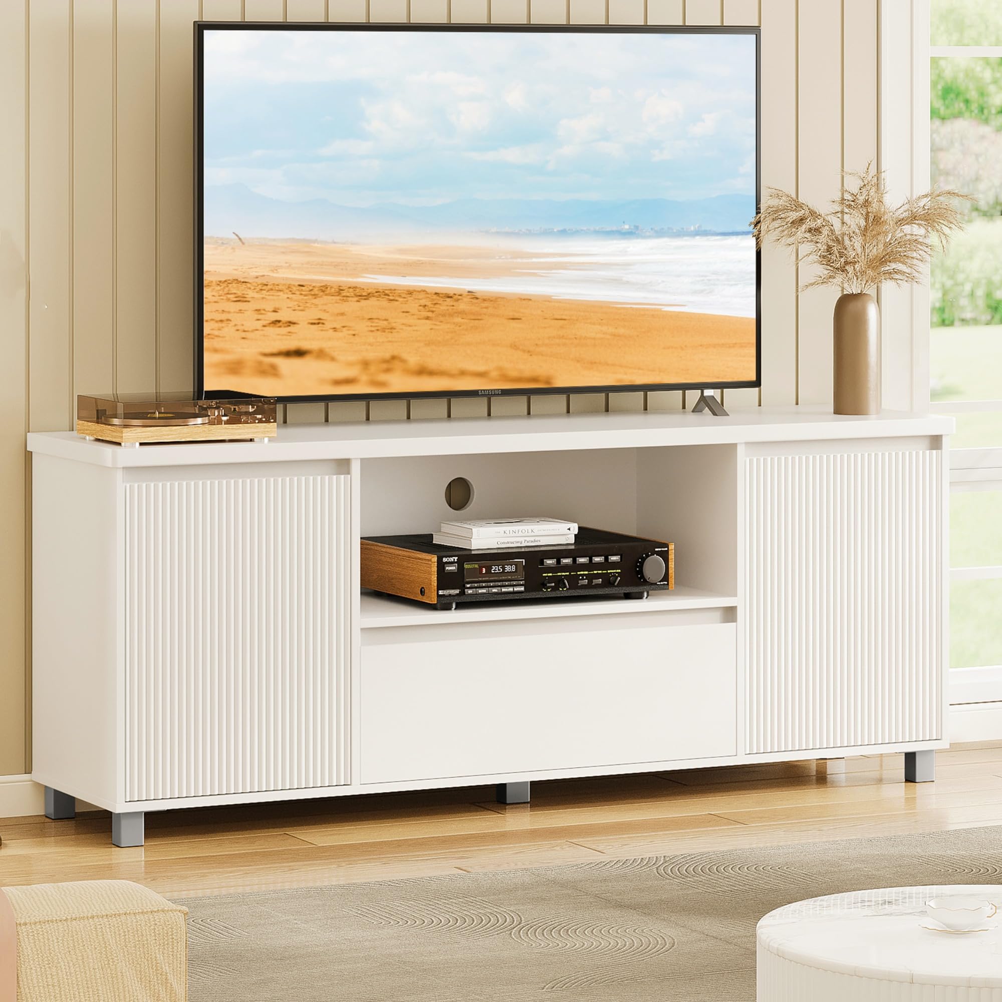 Garvee 63in TV Stand for 60/65/70 Inch TV, Fluted Entertainment Center with Storage Drawer and Open Shelves, Modern TV Console Media Cabinet for Living Room, Bedroom, White