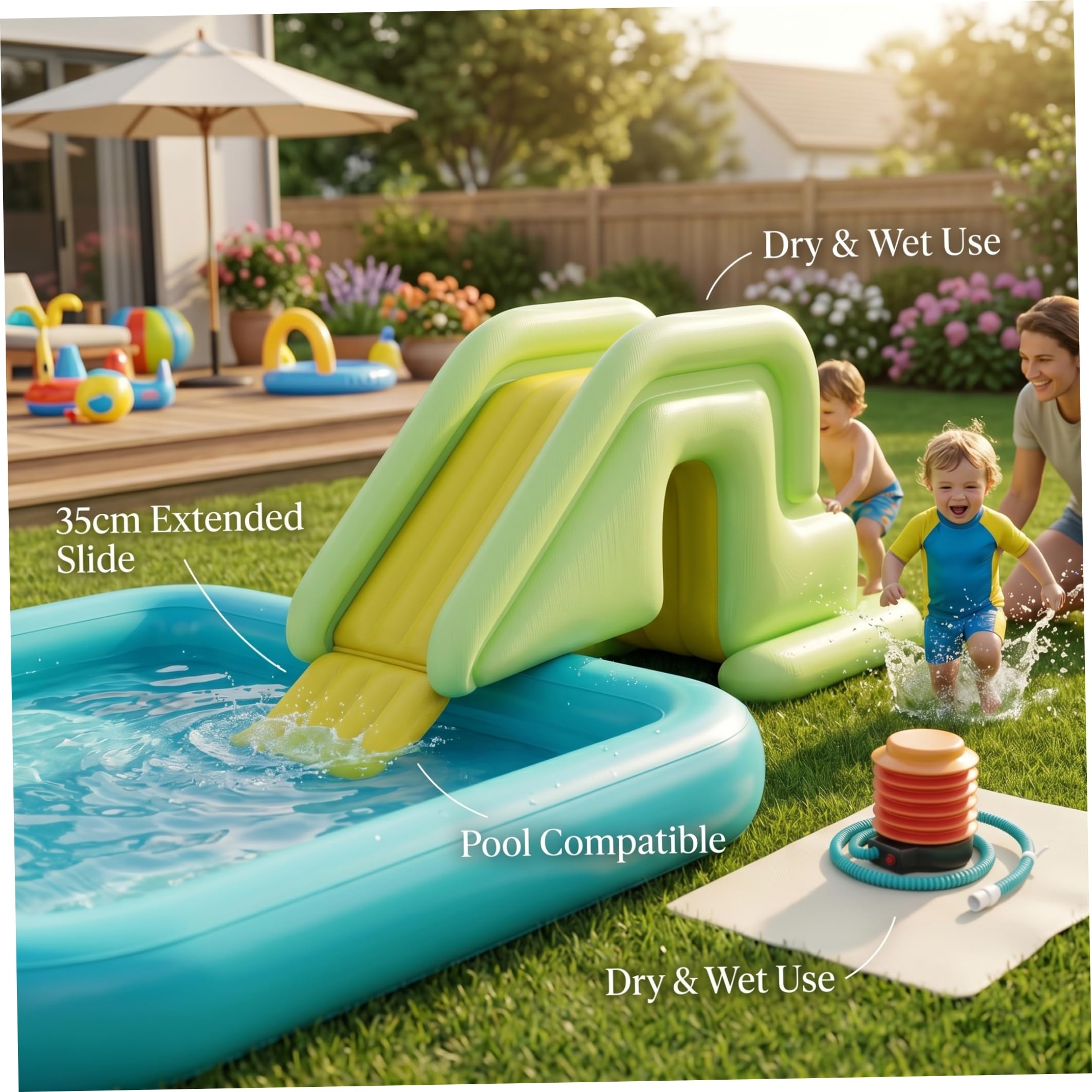 Tobogán Inflable para Piscina sobre el Suelo Base Ancha antivuelco Uso en seco y húmedo para la mayoría de Las Piscinas Verde Claro