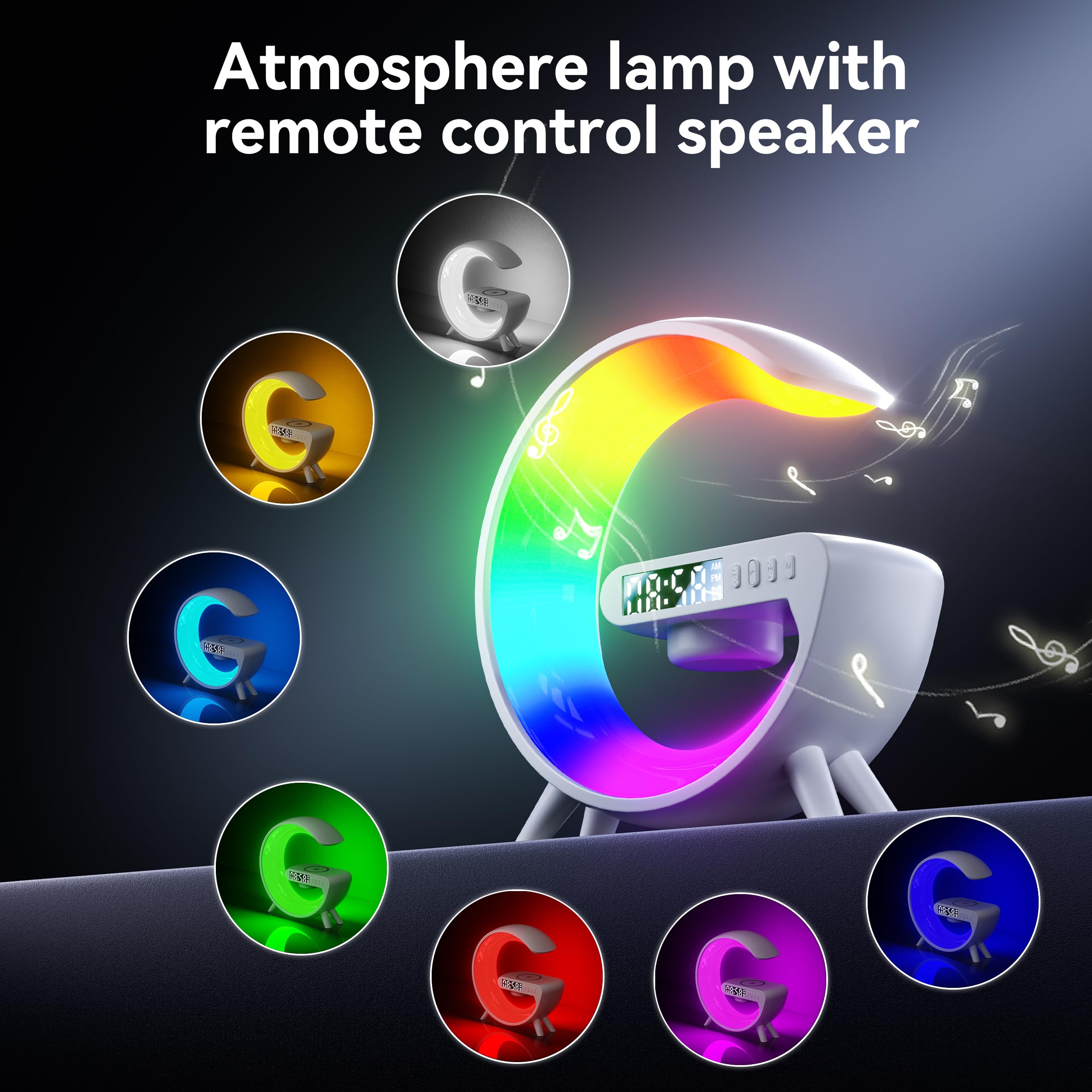 YIVXOZE Smart LED Table Lamp, Sunrise Alarm Clock with Wireless Charger Atmosphere Lamp 4-in-1 Speaker (White)