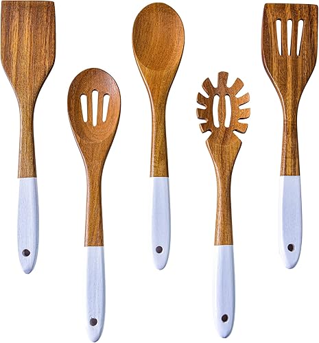 KITEISCAT Cucharas de madera de acacia para cocinar juego de utensilios de cocina y cocina de 5 piezas - espátula de madera, cuchara ranurada y para