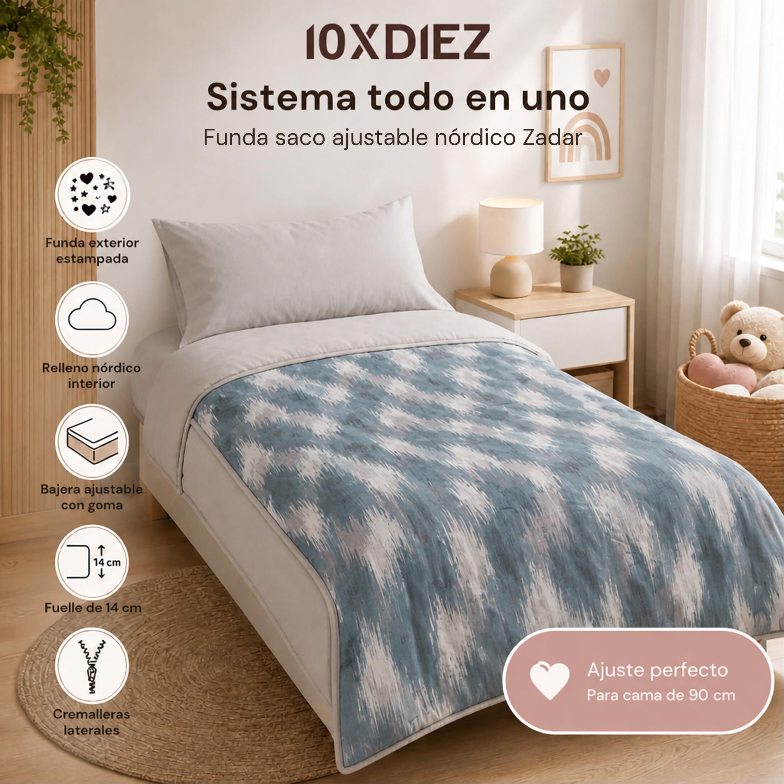 10XDIEZ Saco Nórdico Ajustable con Relleno y Cremalleras Laterales, en Algodón y Poliéster, para Camas de 80 a 105 cm - Azul, Cama de 90cm