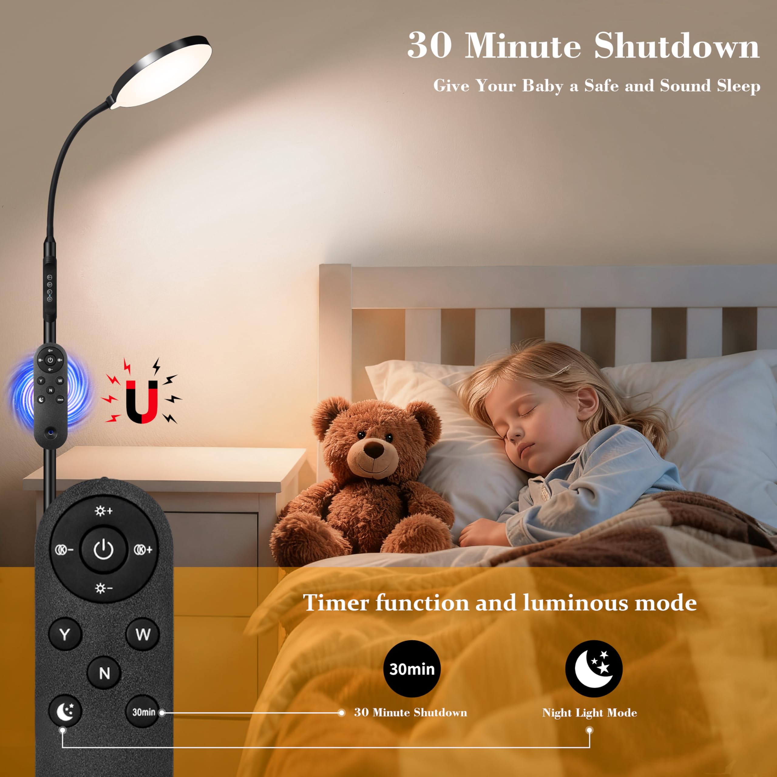 LED-Fußlampe mit Vollspektrum & Augenschutz, Magnet-Fernbedienung & Pfostensteuerung, verstellbarer Gänsehals 3000K-6500K dimmbar, stabiler Standfuß für Wohnzimmer Schlafenzimmer Büro Lesen, Schwarz