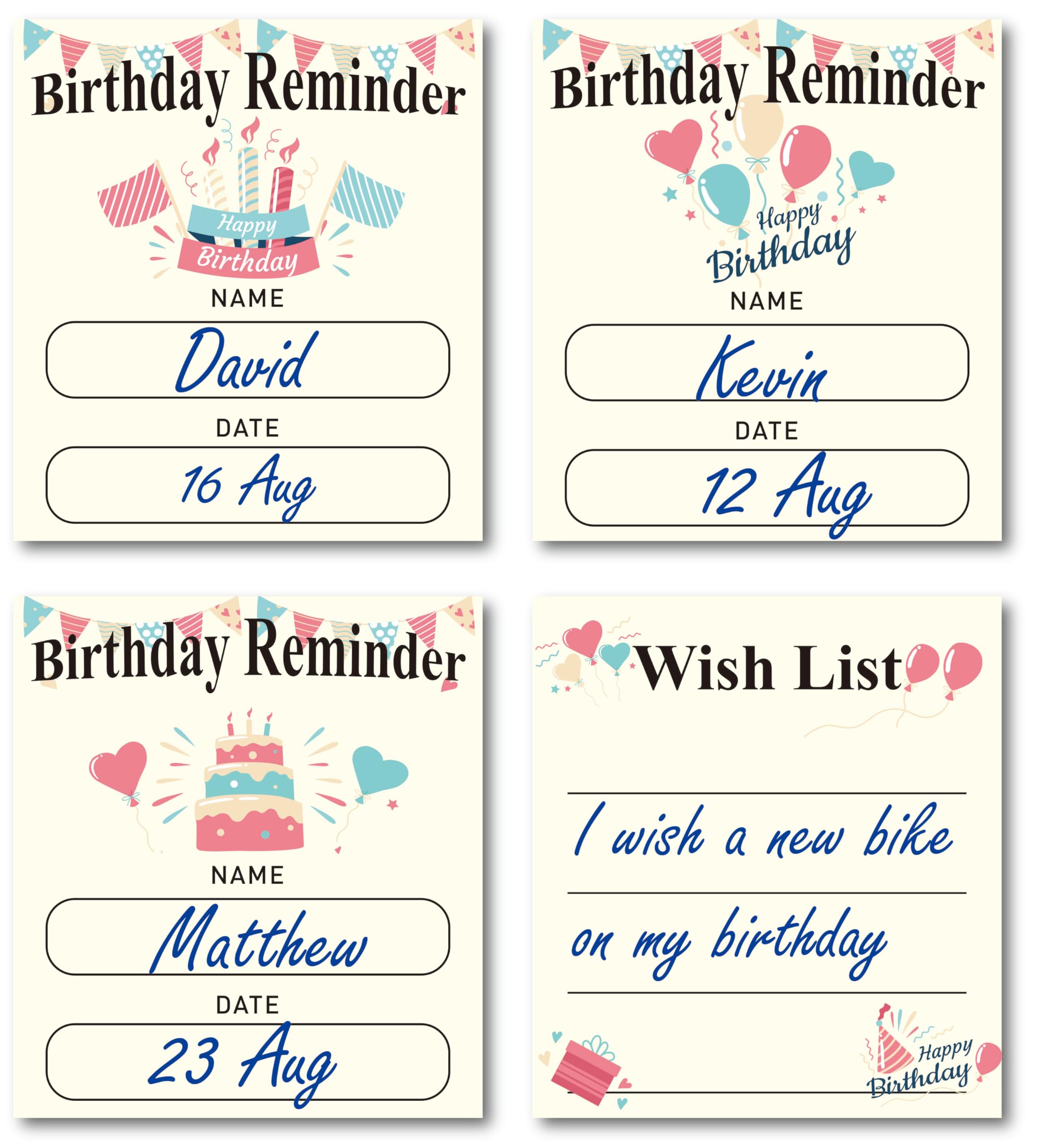 Birthday Calendar,4 Pack Birthdays to Remember,Magnetic Birthday Planner with Lovely Design,Birthday Tracker for Boys Girls Adults（4.5 * 5inch）