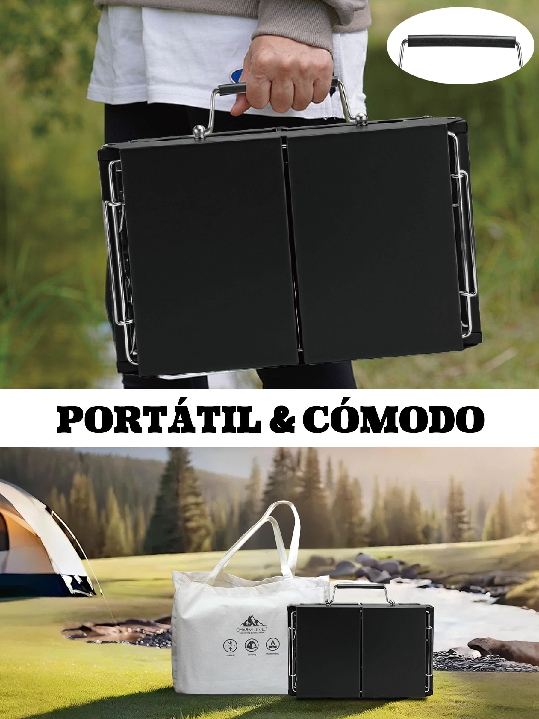 Charmline 39 * 27 cm Barbacoa de Carbón para Camping, Picnic, Jardín y Playa, Pequeña Barbacoa de Carbón Portátil Plegable para 2-4 Personas, BBQ Portátil para Uso en Exteriores, Negro