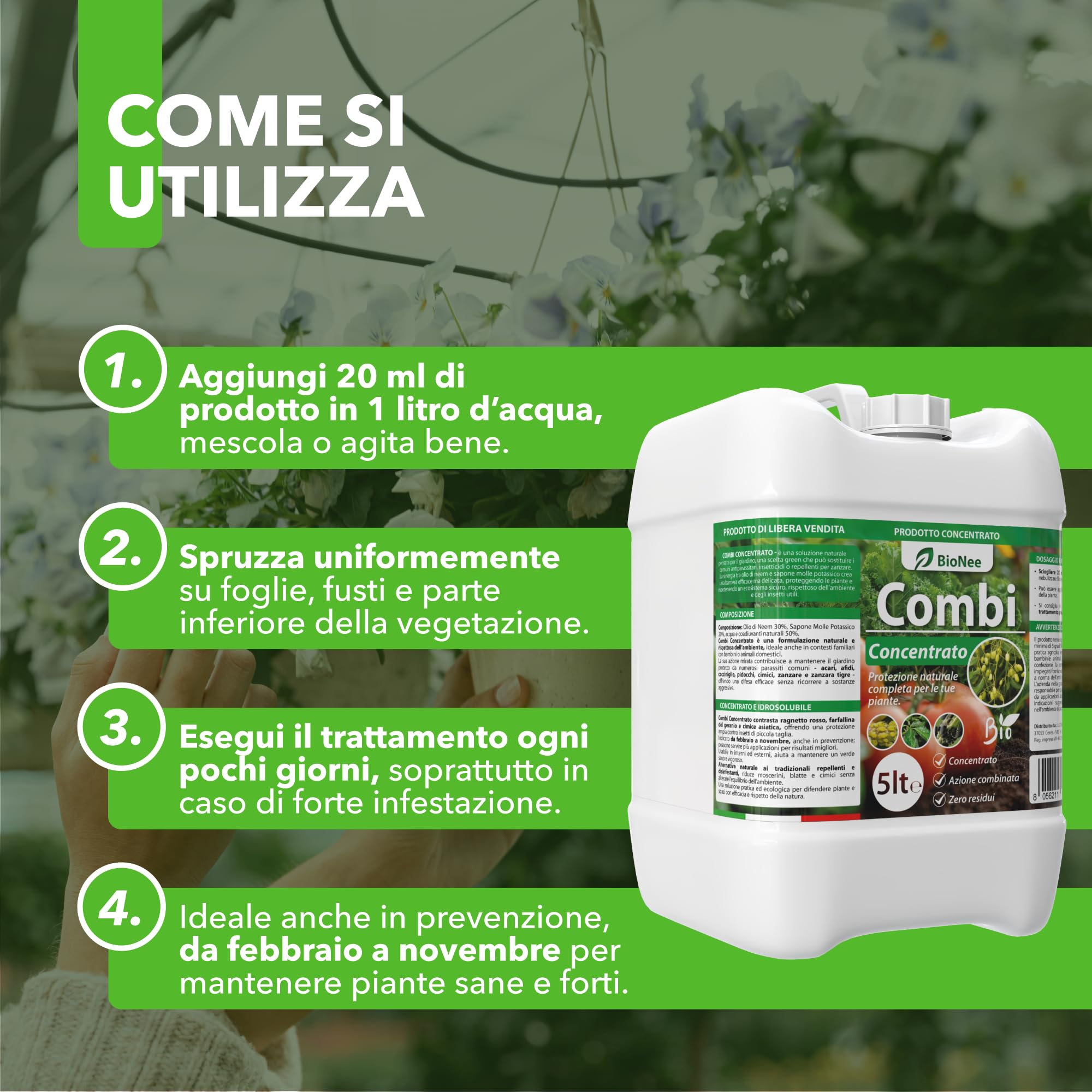 Combi Concentrato BioNee – Trattamento Naturale per Piante con Olio di Neem + Sapone Molle | Contra Afidi, Cocciniglie, Acari, Parassiti | Idrosolubile da Diluire (5 litri)