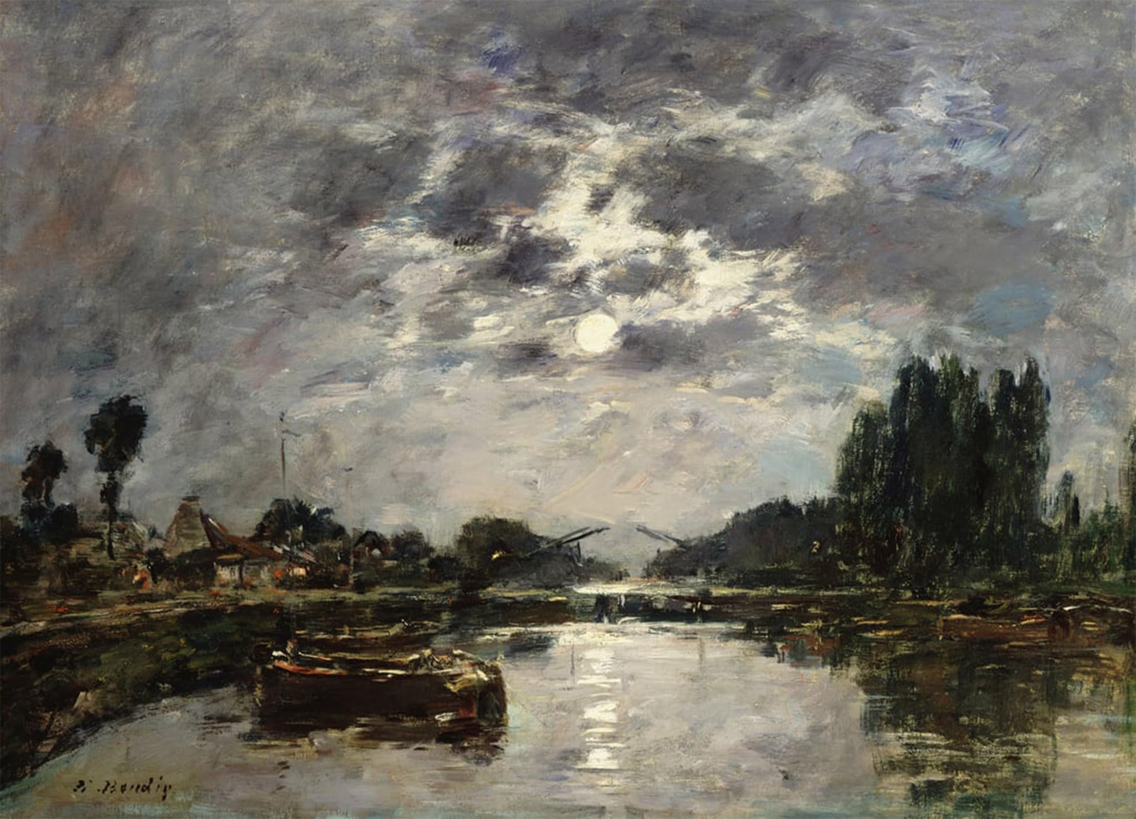 POSTERIIk Vintage Classic Picture Landscape Artwork Moonlight Canal De St Valery by Eugene Louis Boudin Portrait Canvas Painting for Office Home Decor 60x90cm