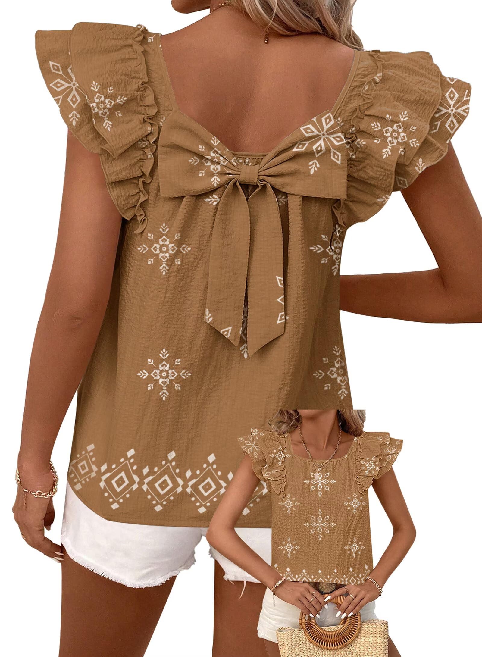 Falechay Womens Bow Tie Back Tops Babydoll Vneck Ruffle Short Sleeve Shirts