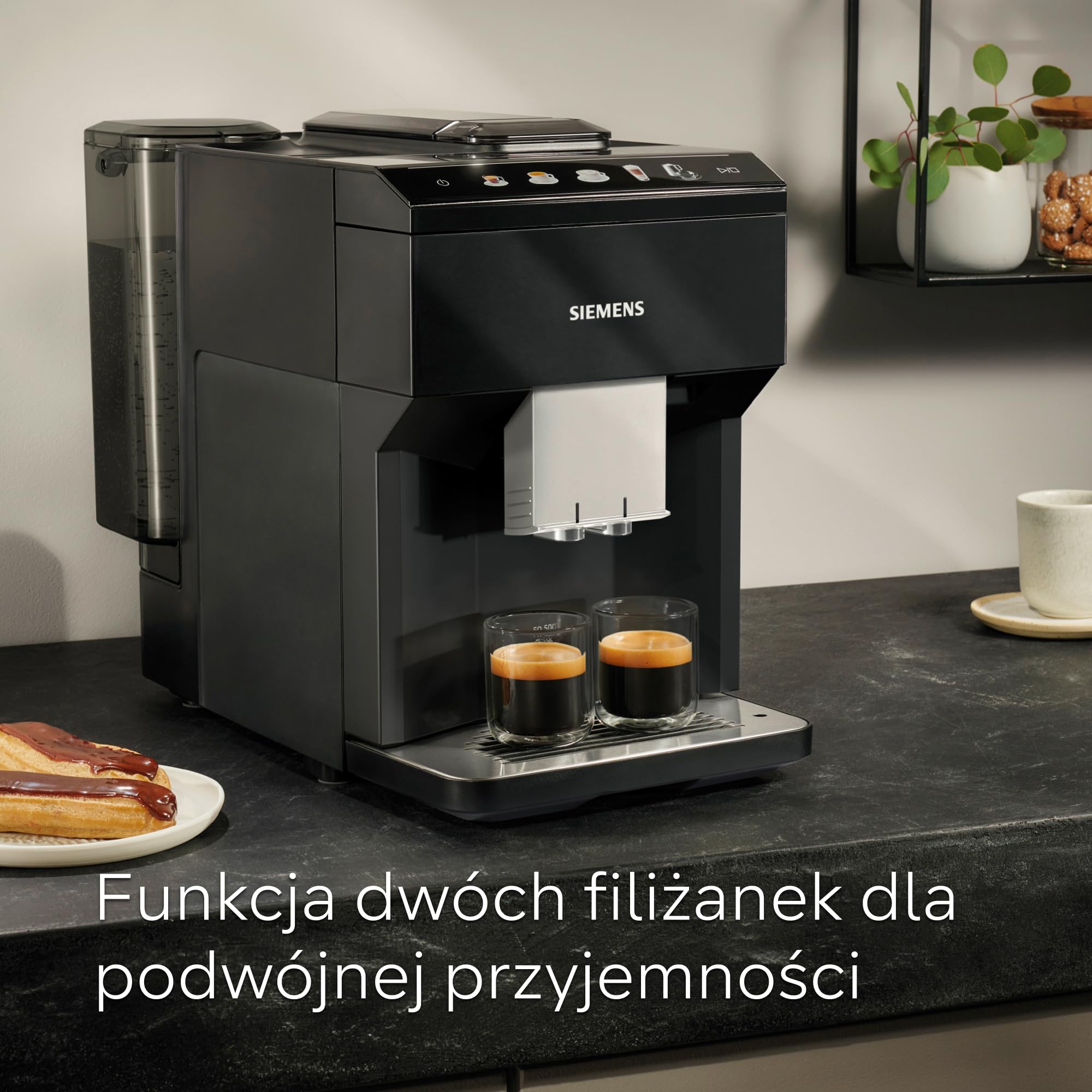 Siemens EQ500, automatyczny ekspres do kawy, aromaDouble Shot, automatyczny system czyszczenia parą, ceramDrive, wyświetlacz coffeeSelect, funkcja dwóch filiżanek, TP511E19, czarny